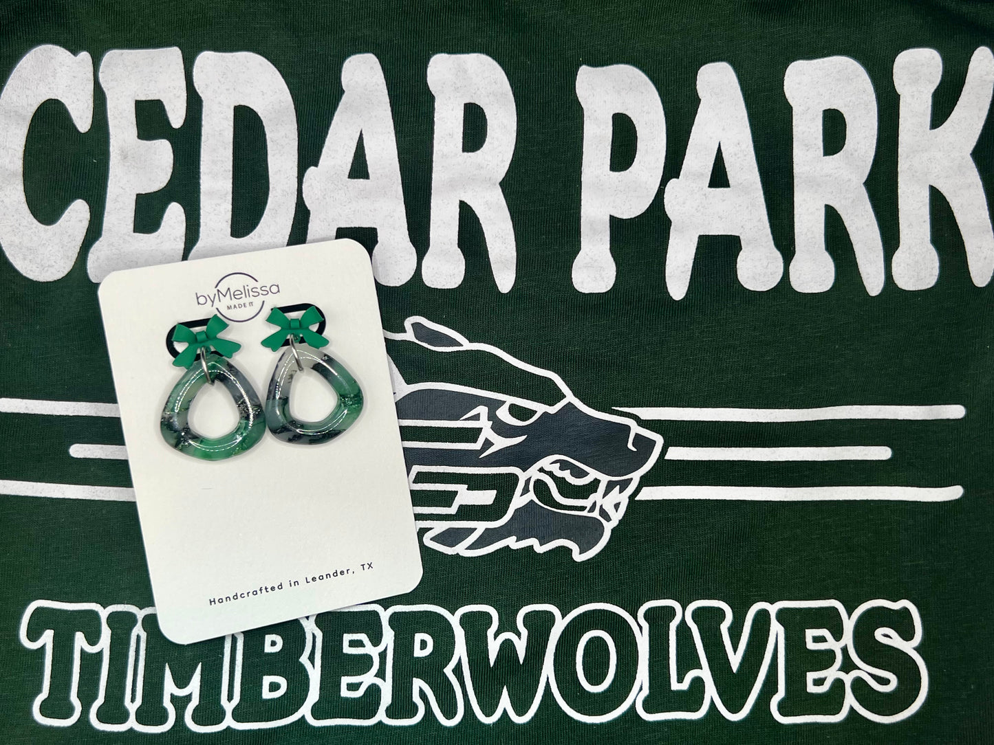Cedar Park High School earrings, green and black CPHS spirit jewelry, Timberwolves game day accessory
