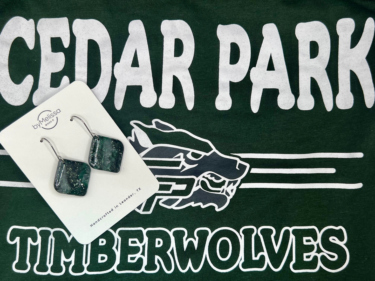 Cedar Park High School earrings, green and black CPHS spirit jewelry, Timberwolves game day accessory