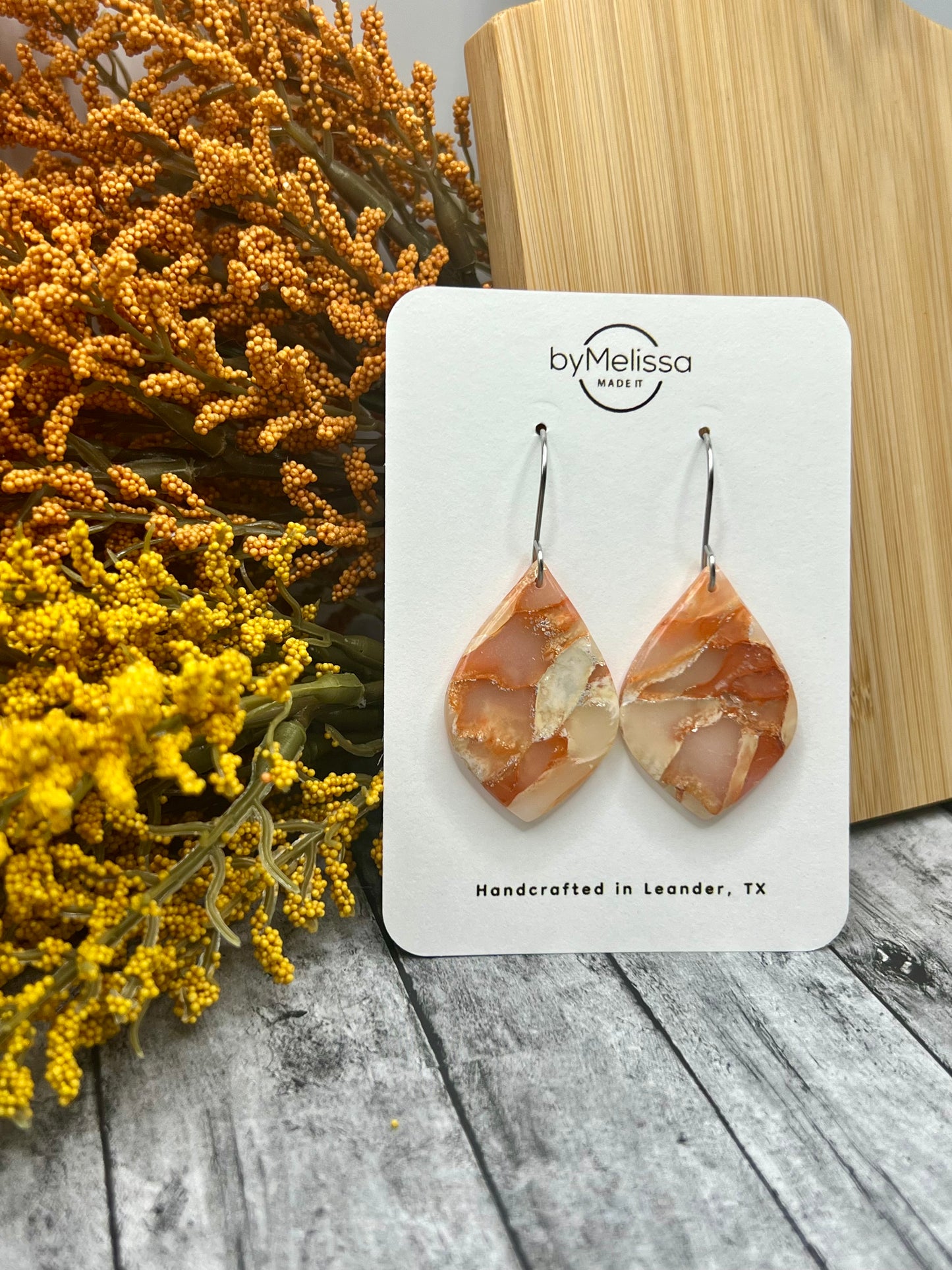 Orange and White Small Wide Leaf Drop Earrings in Silver