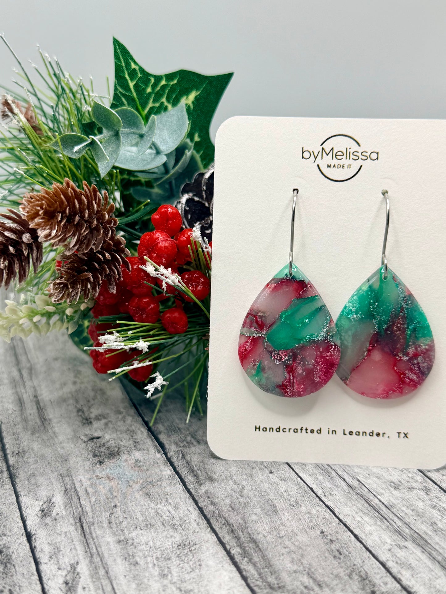 Red and Green Small Wide Teardrop Drop Earrings in Silver