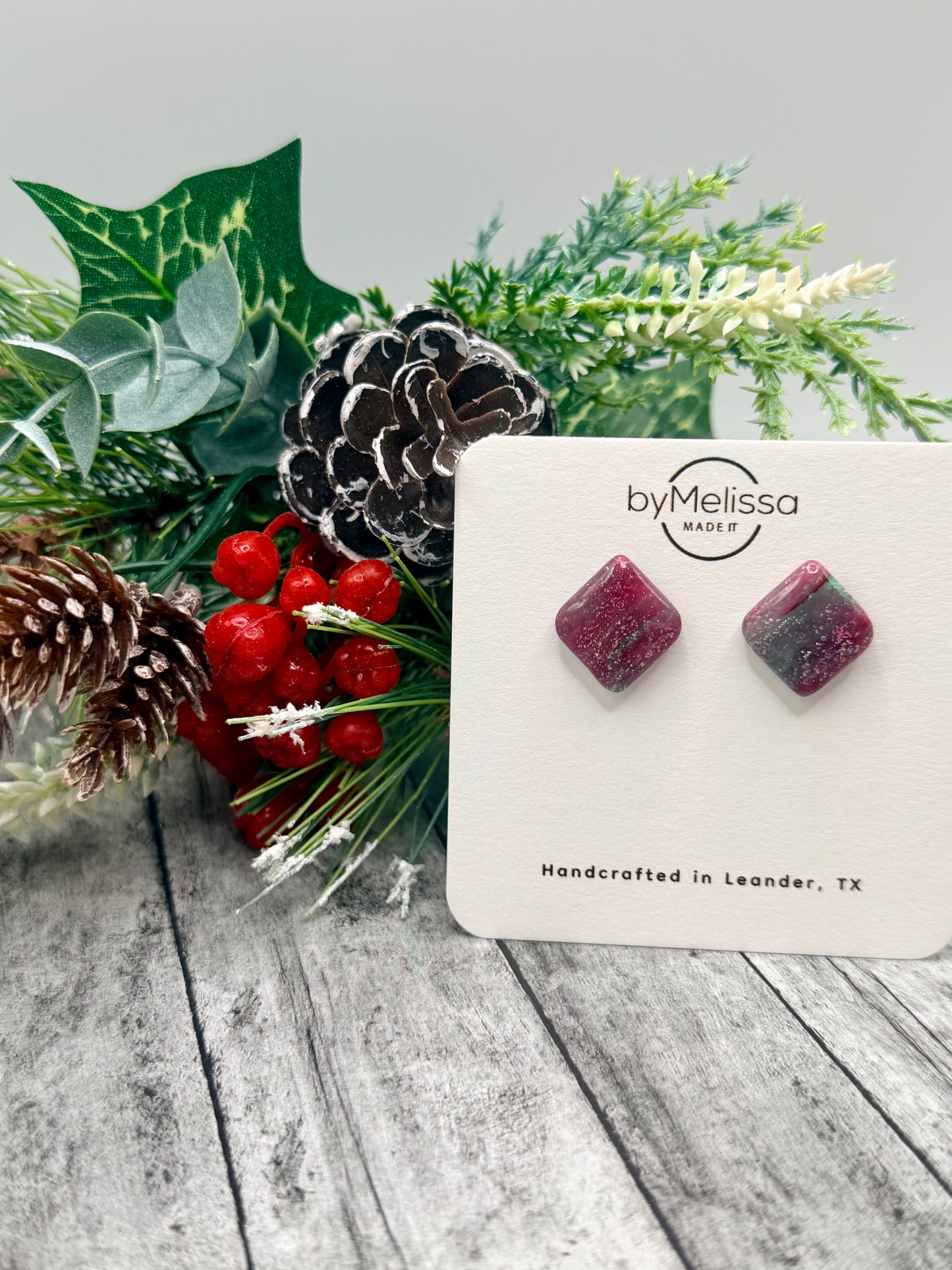 Red and Green Rounded Square Stud Earrings