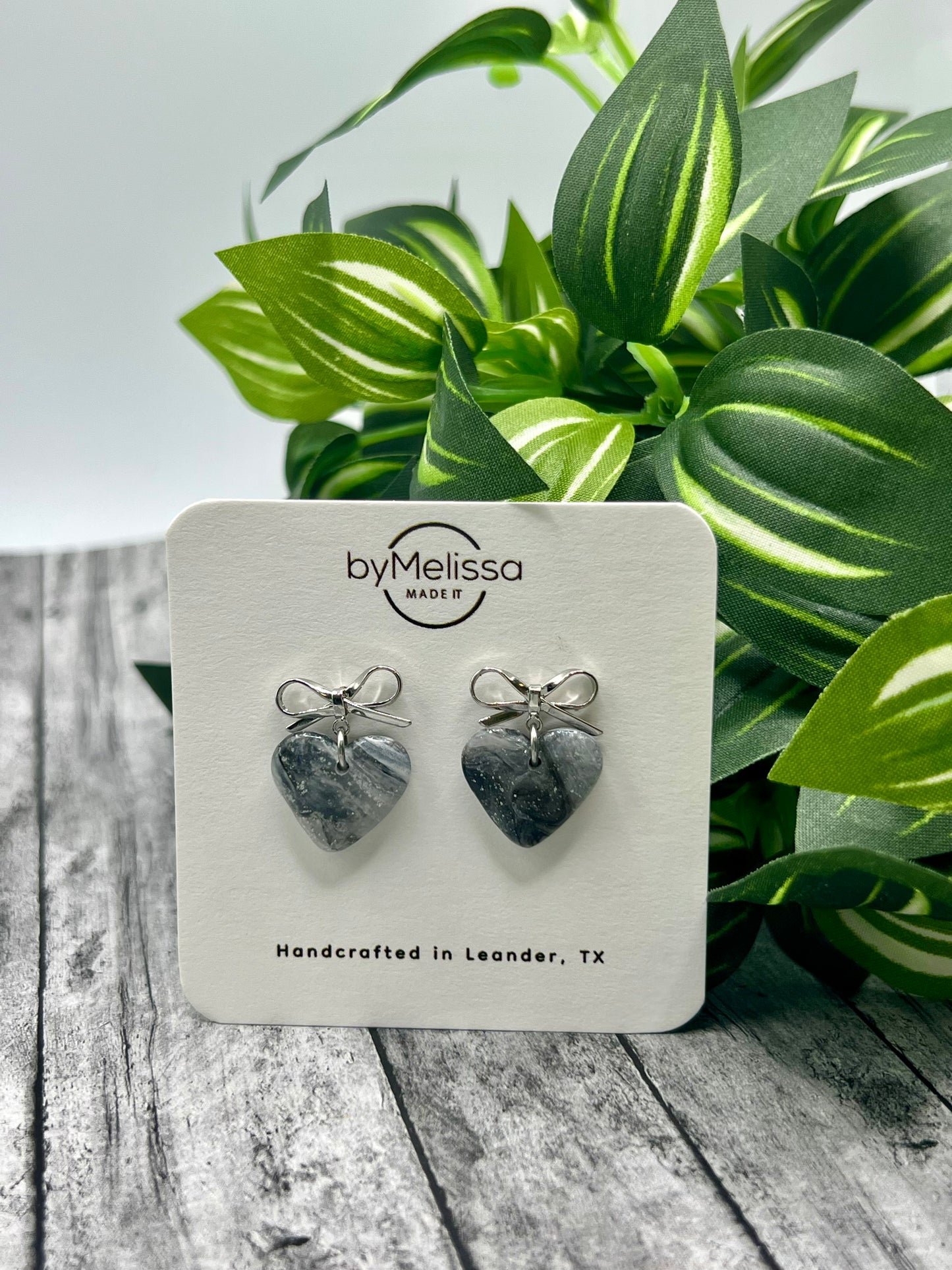 Black and White Heart Bowknot Earrings in Silver