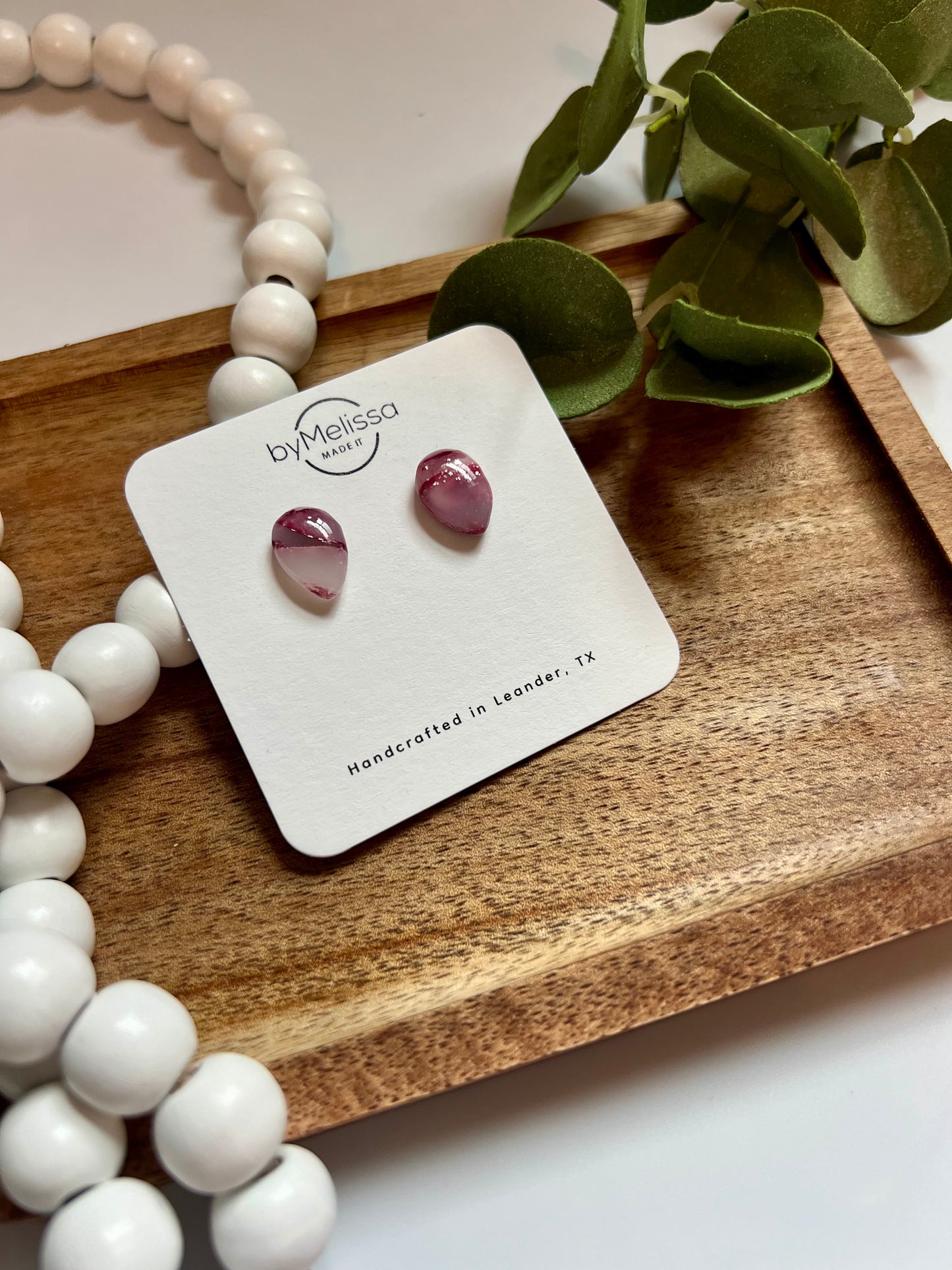 Maroon, Pink, and White Teardrop Stud Earrings