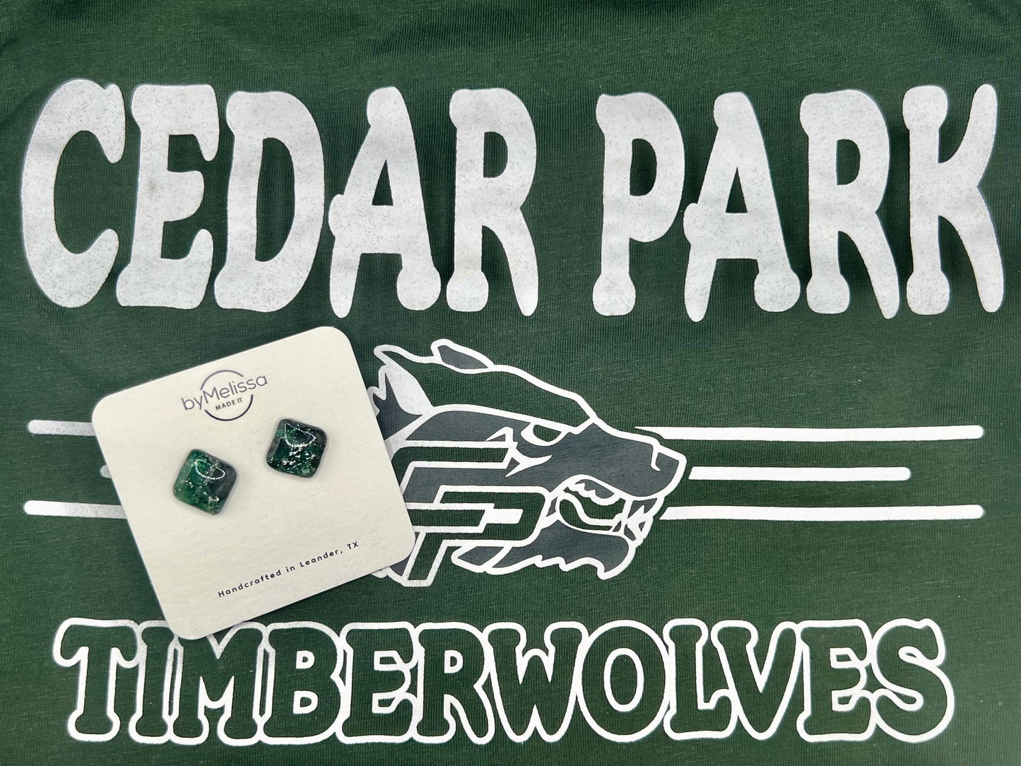 Cedar Park High School earrings, green and black CPHS spirit jewelry, Timberwolves game day accessory