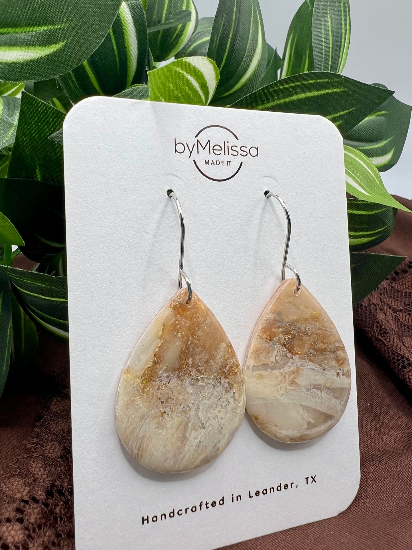 Mocha and Almond Small Wide Teardrop Drop Earrings in Silver