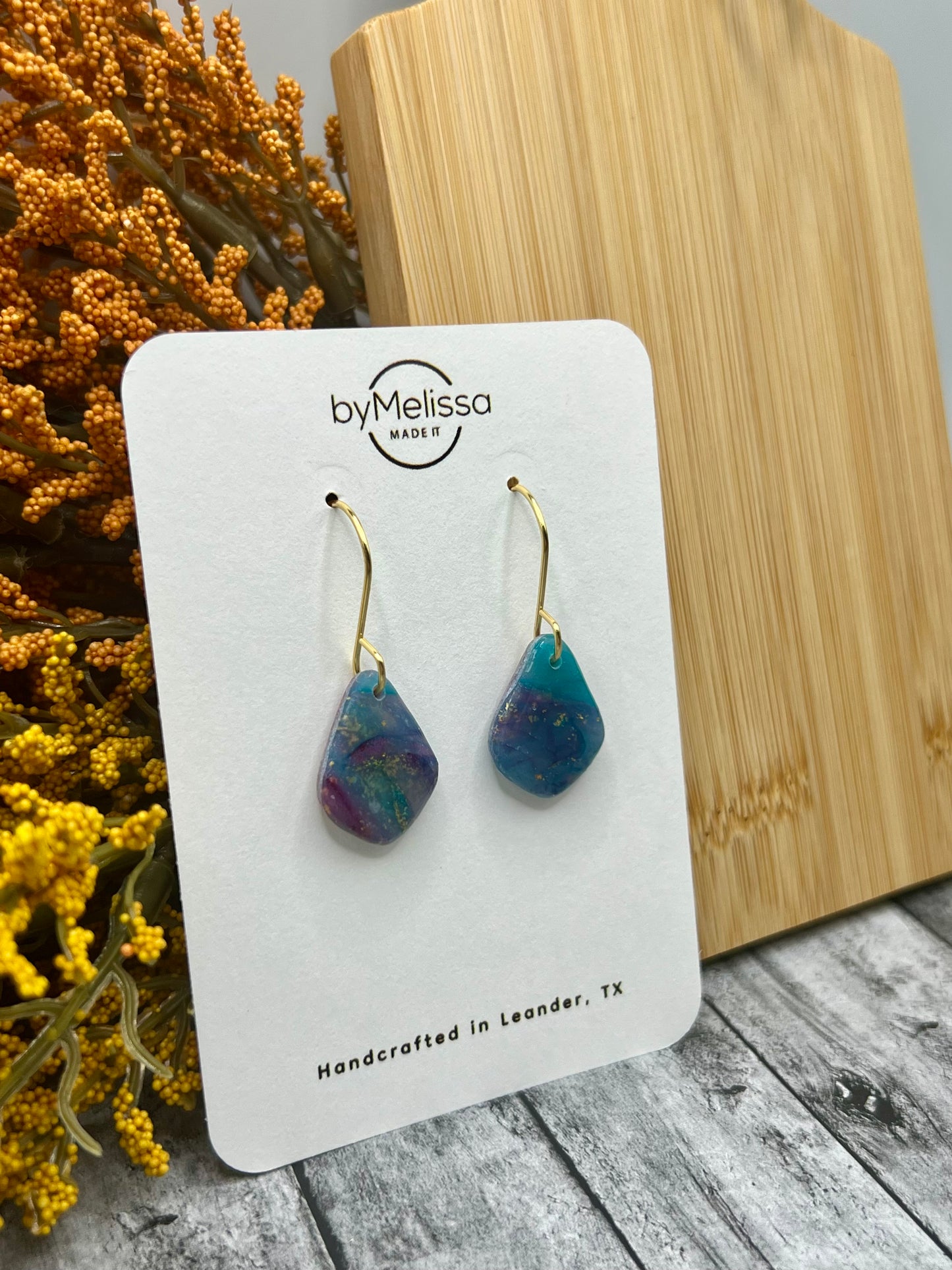Teal and Plum Petite Kite Drop Earrings in Gold