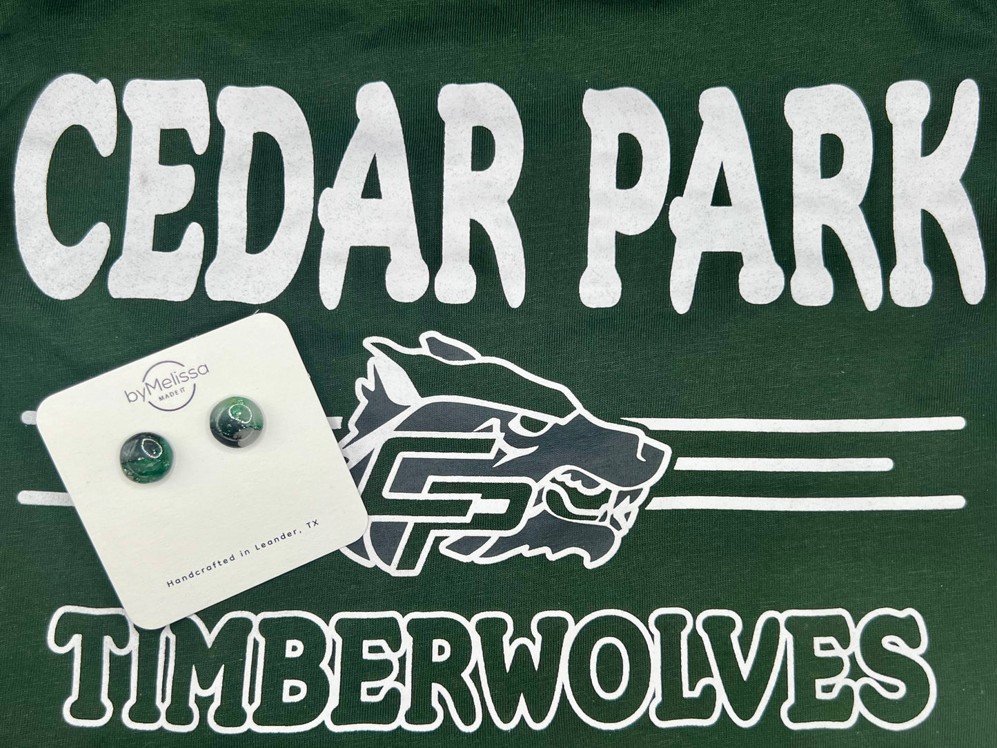 Cedar Park High School earrings, green and black CPHS spirit jewelry, Timberwolves game day accessory
