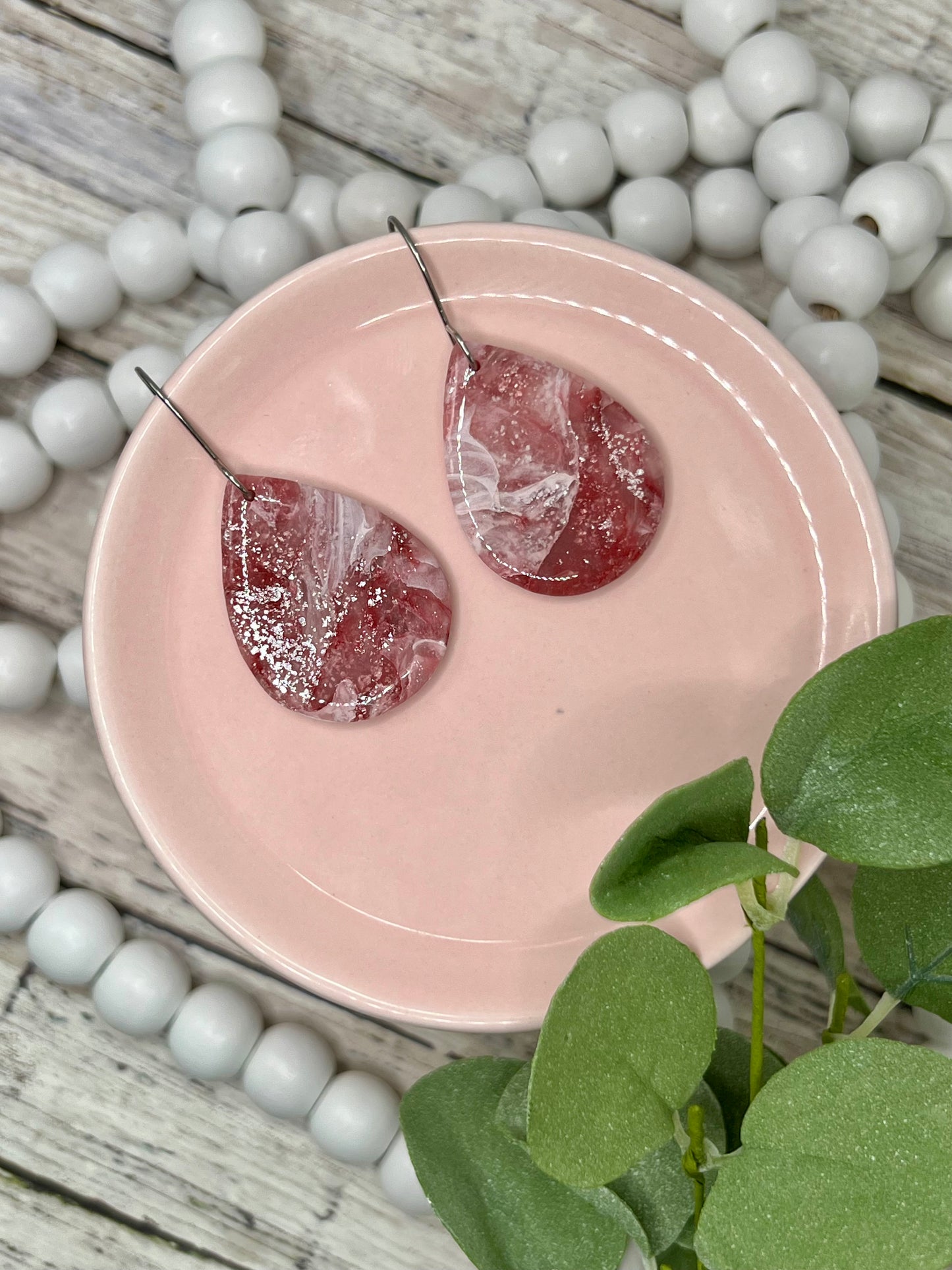 Maroon, Pink, and White Small Wide Teardrop Drop Earrings in Silver