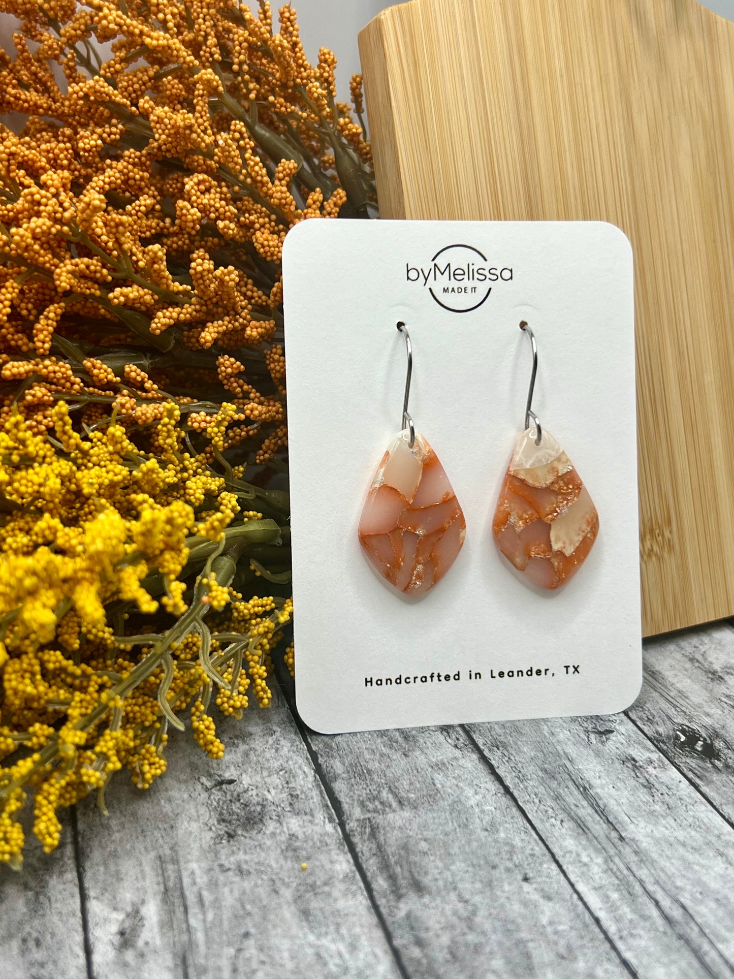 Orange and White Small Kite Drop Earrings in Silver