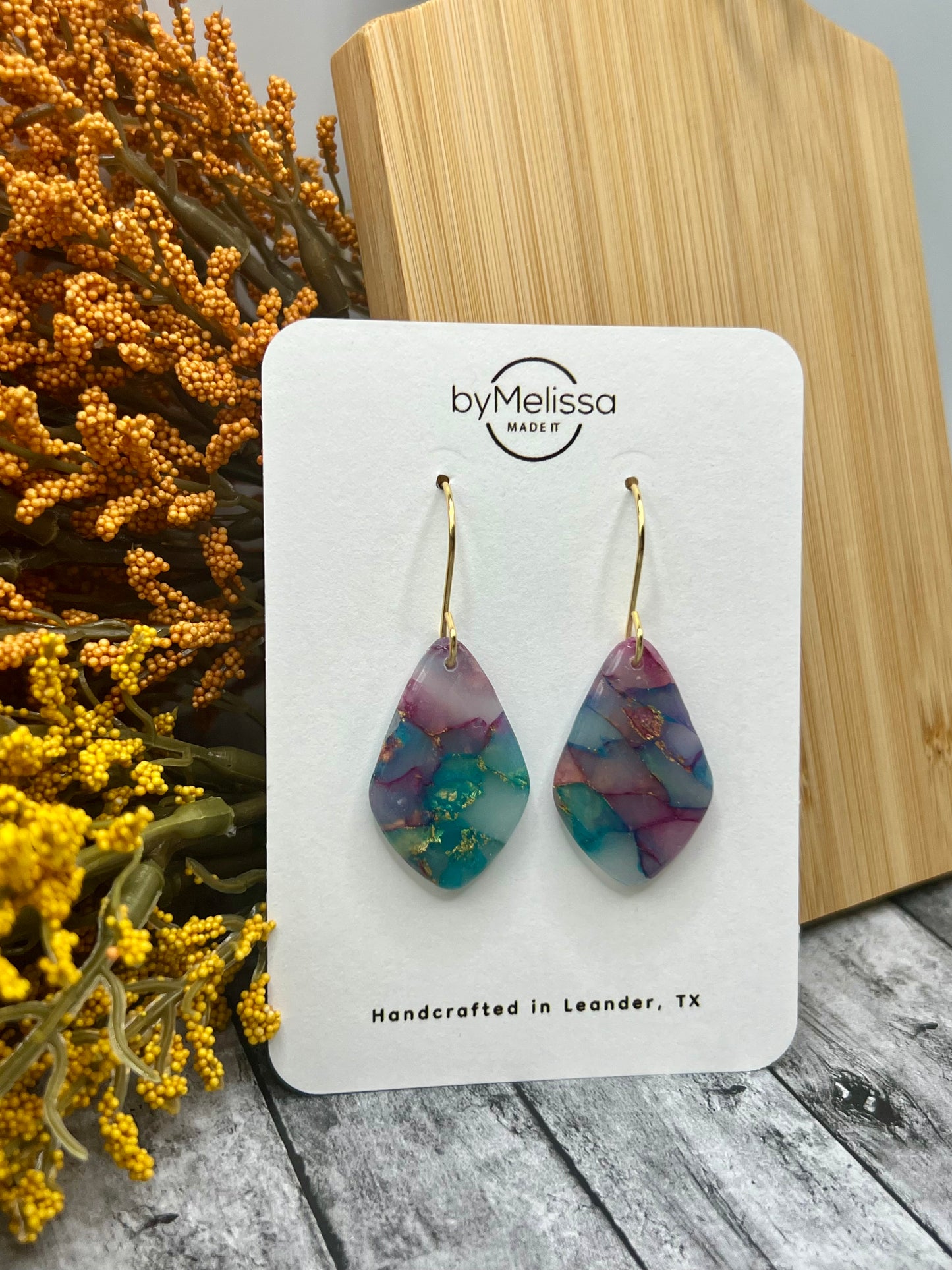 Teal and Plum Small Kite Drop Earrings in Gold