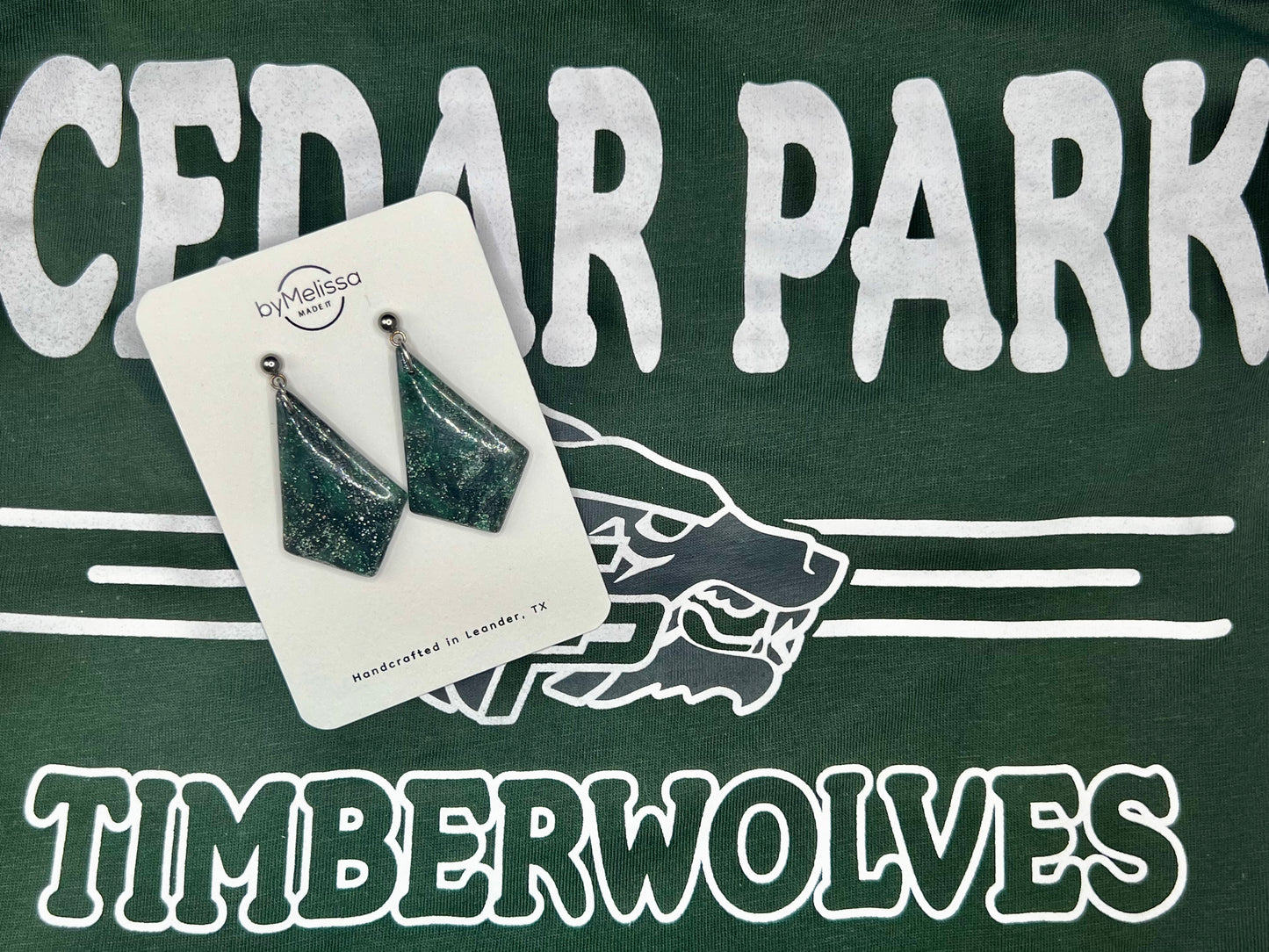Cedar Park High School earrings, green and black CPHS spirit jewelry, Timberwolves game day accessory