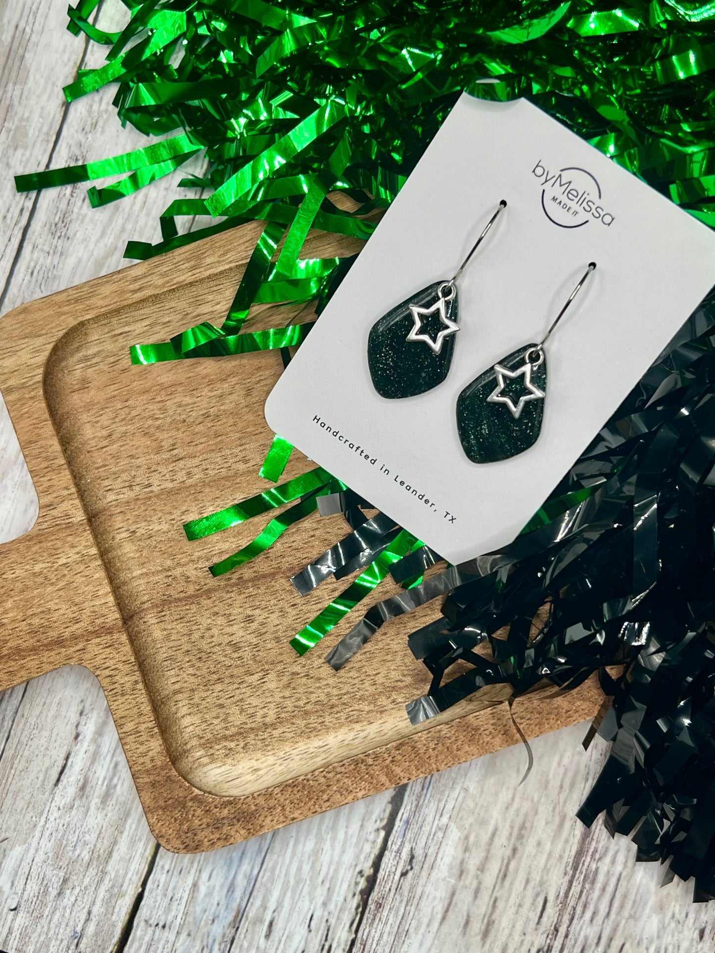 Forest Green and Black Small Kite Drop Earrings in Silver with Star Charm