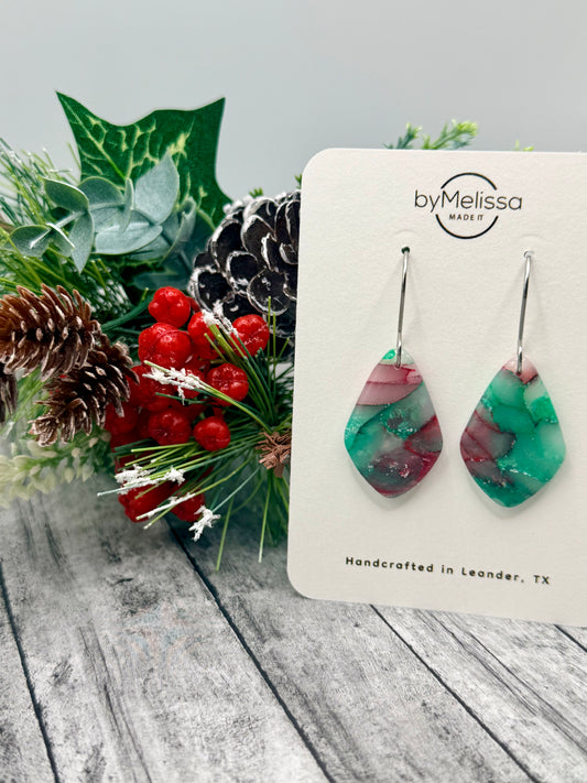 Red and Green Small Kite Drop Earrings in Silver