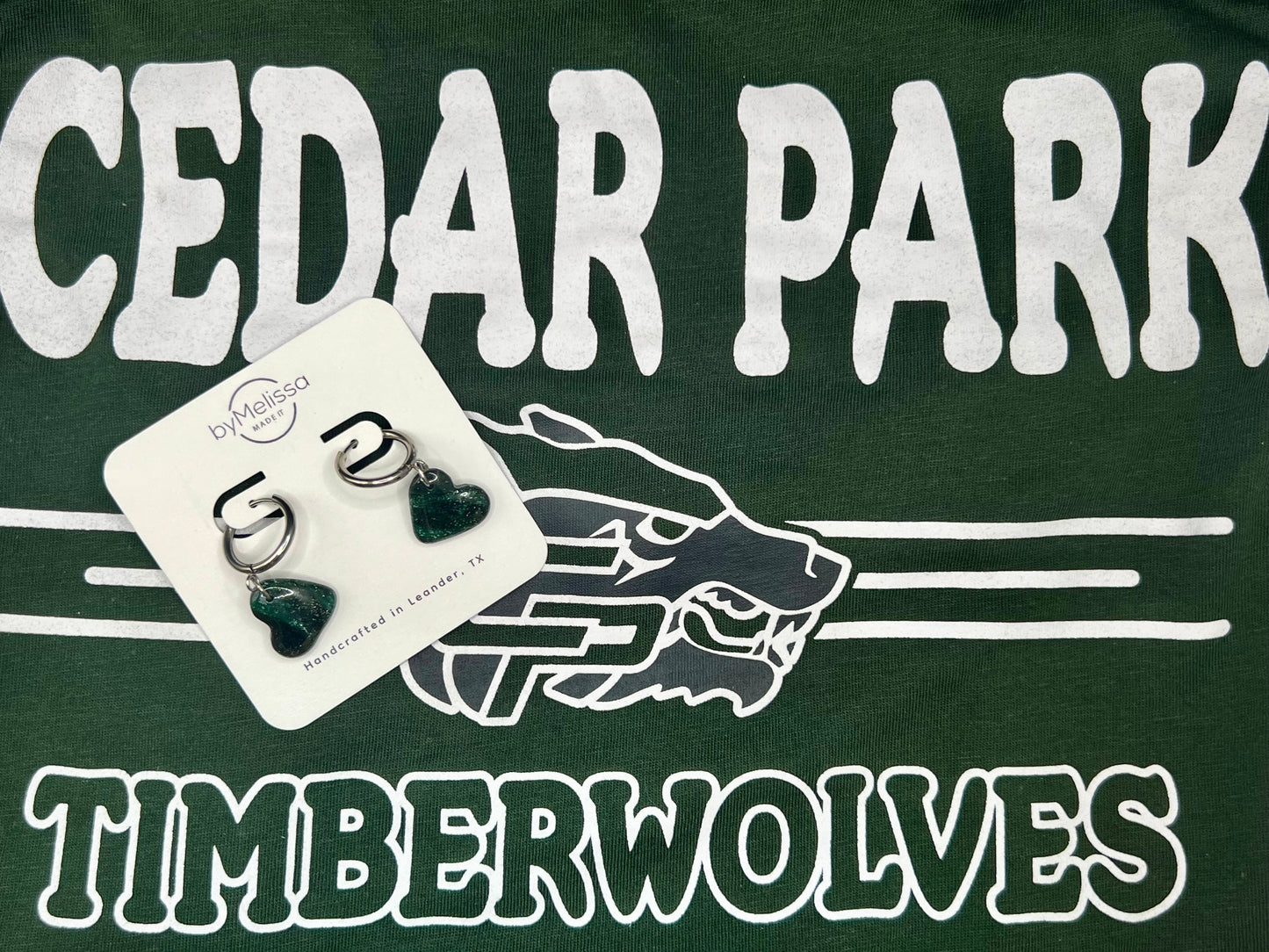 Cedar Park High School earrings, green and black CPHS spirit jewelry, Timberwolves game day accessory