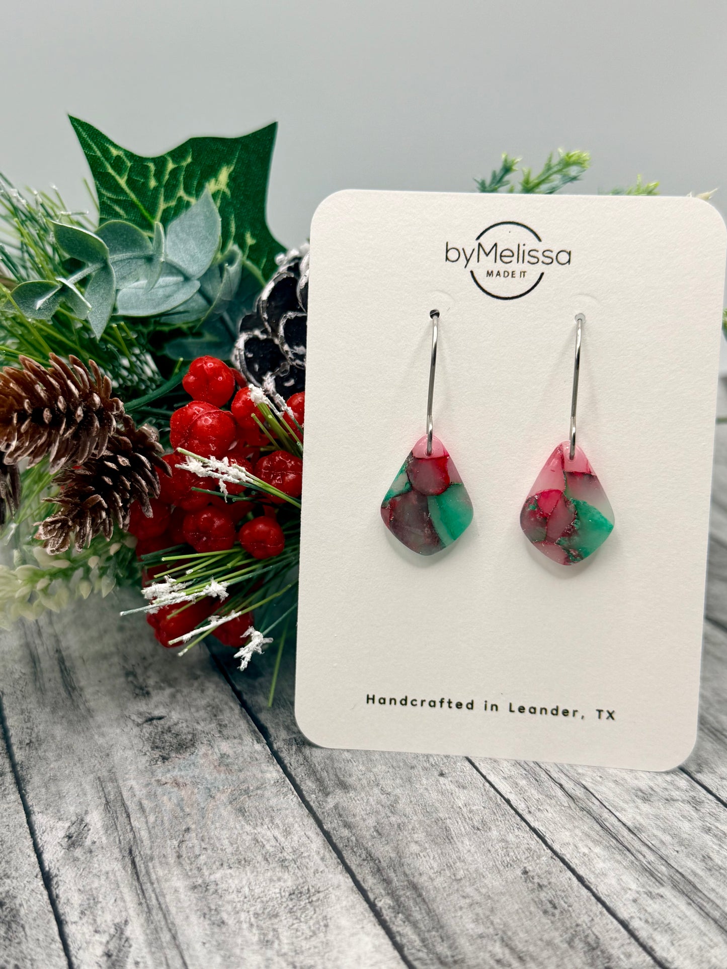 Red and Green Petite Kite Drop Earrings in Silver