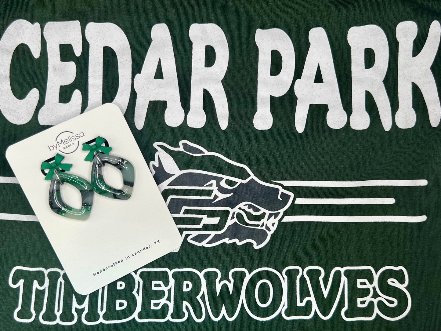 Cedar Park High School earrings, green and black CPHS spirit jewelry, Timberwolves game day accessory