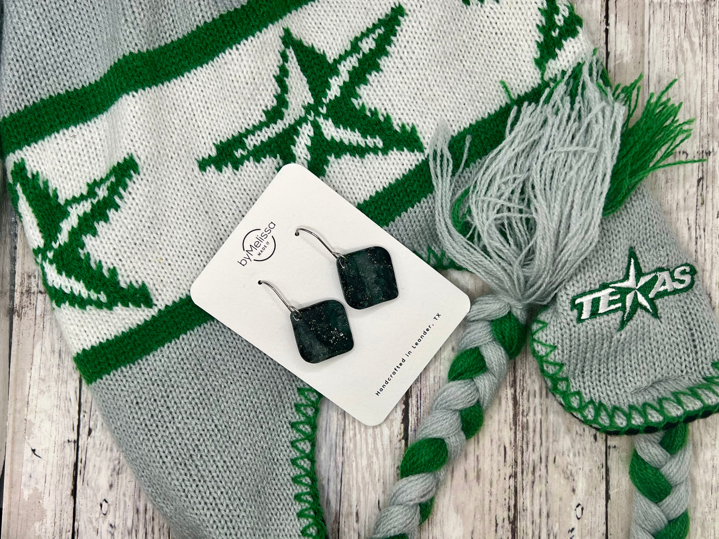 Forest Green and Black Small Rounded Square Drop Earrings in Silver