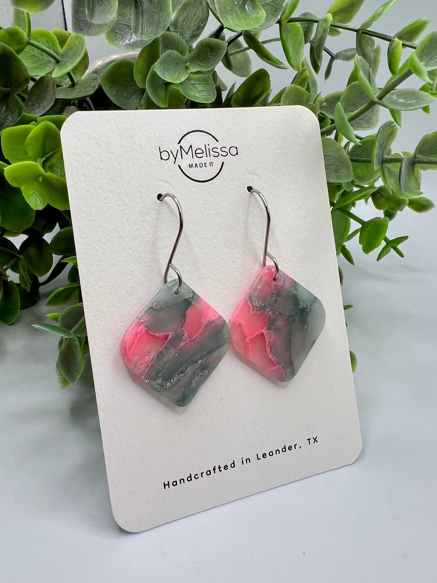 Pink and Green Small Rounded Square Drop Earrings in Silver
