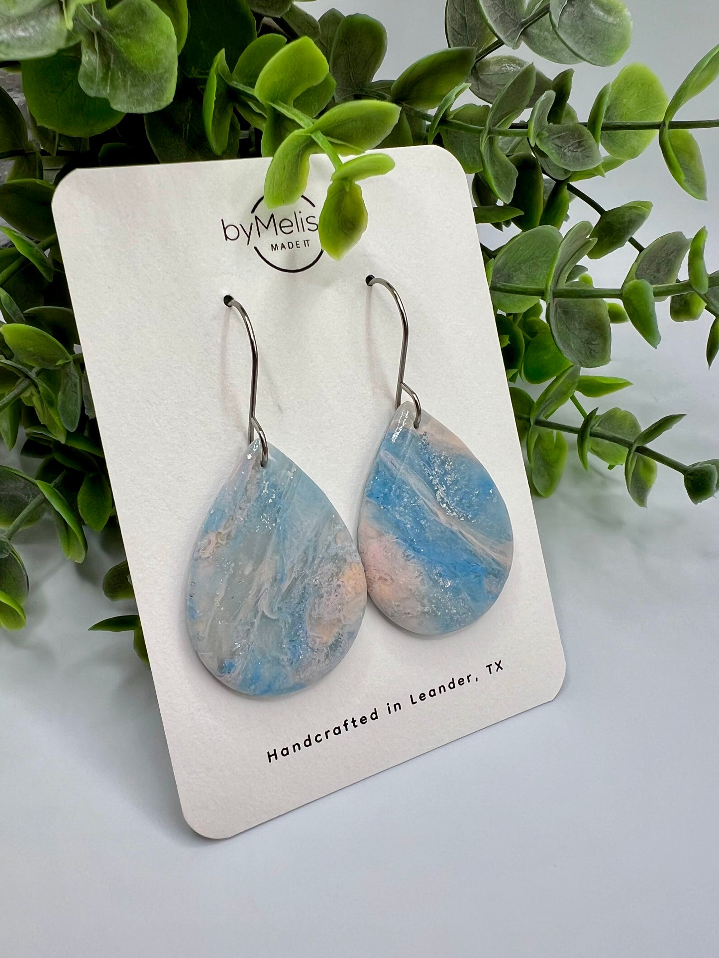 Blue and Light Pink Small Wide Teardrop Drop Earrings in Silver