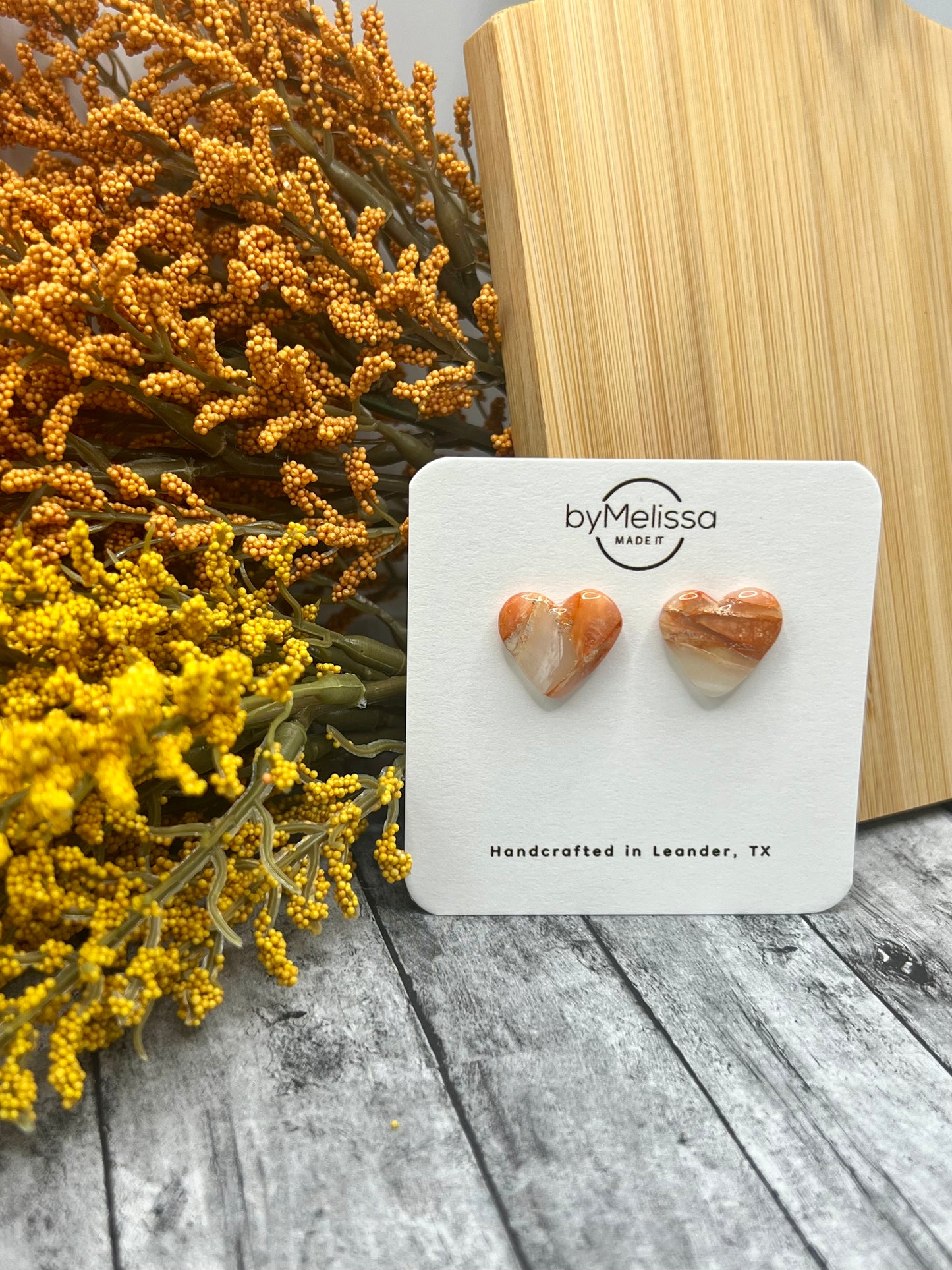 Orange and White Heart Stud Earrings