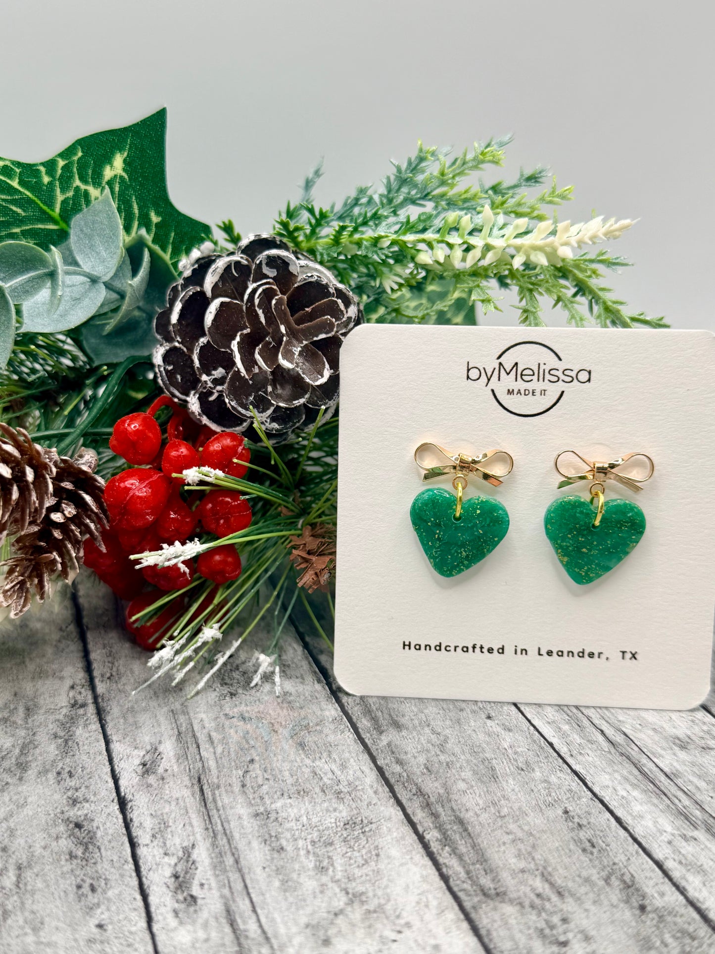 Green and Gold Bowknot Heart Earrings