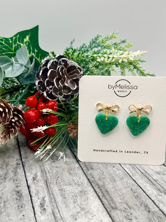 Green and Gold Bowknot Heart Earrings
