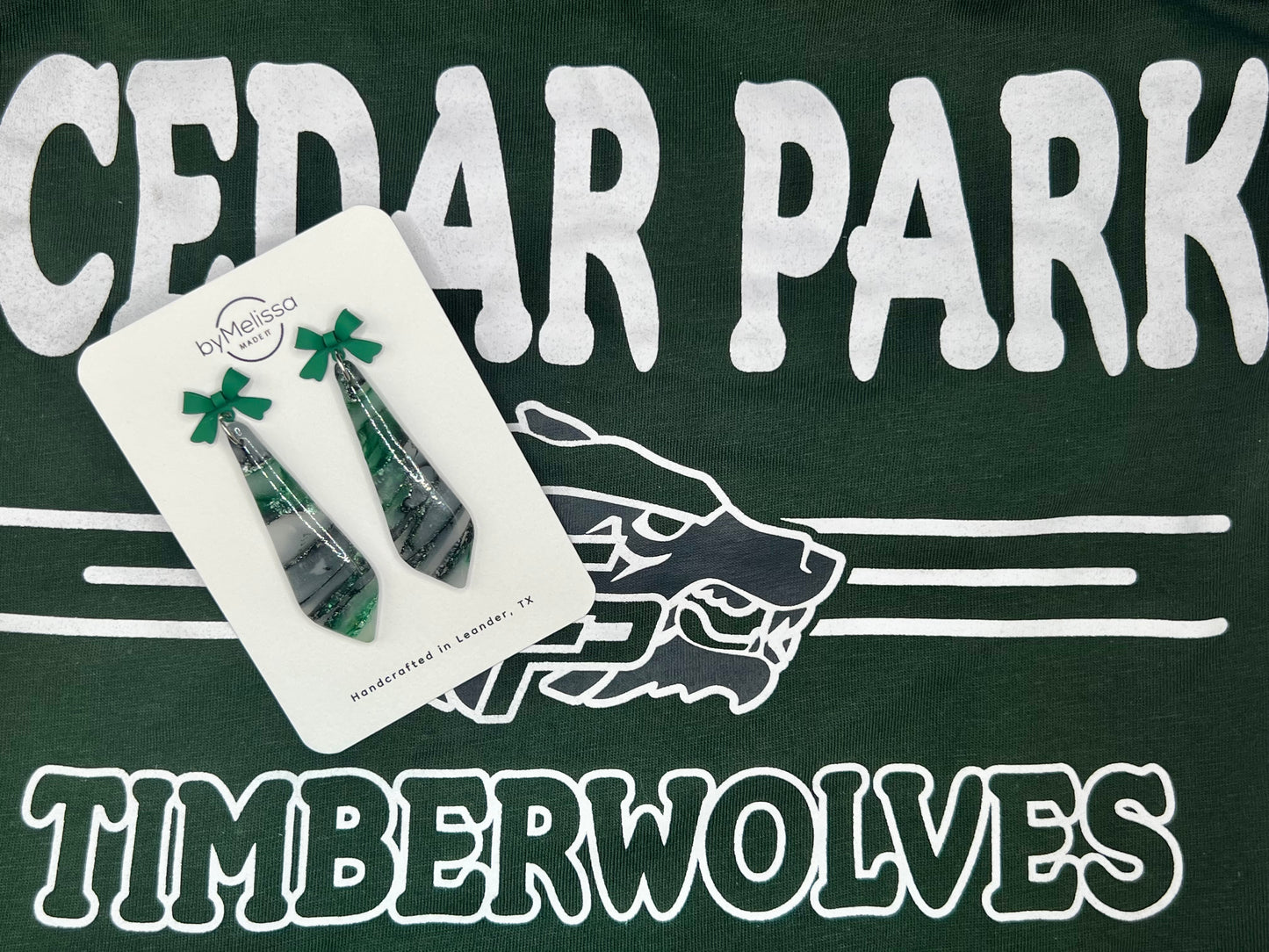 Cedar Park High School earrings, green and black CPHS spirit jewelry, Timberwolves game day accessory