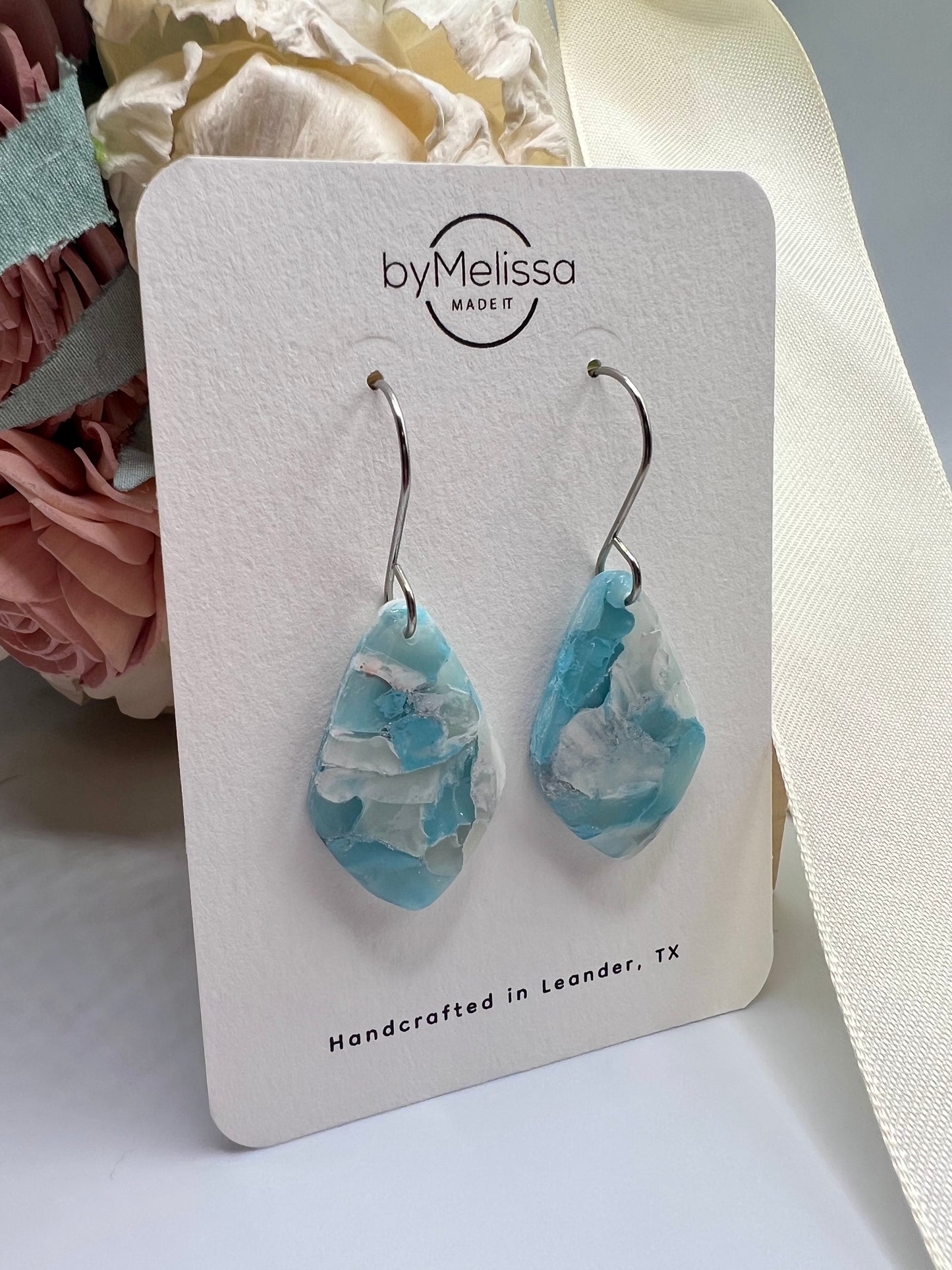 Crystal Blue and White Small Kite Drop Earrings in Silver