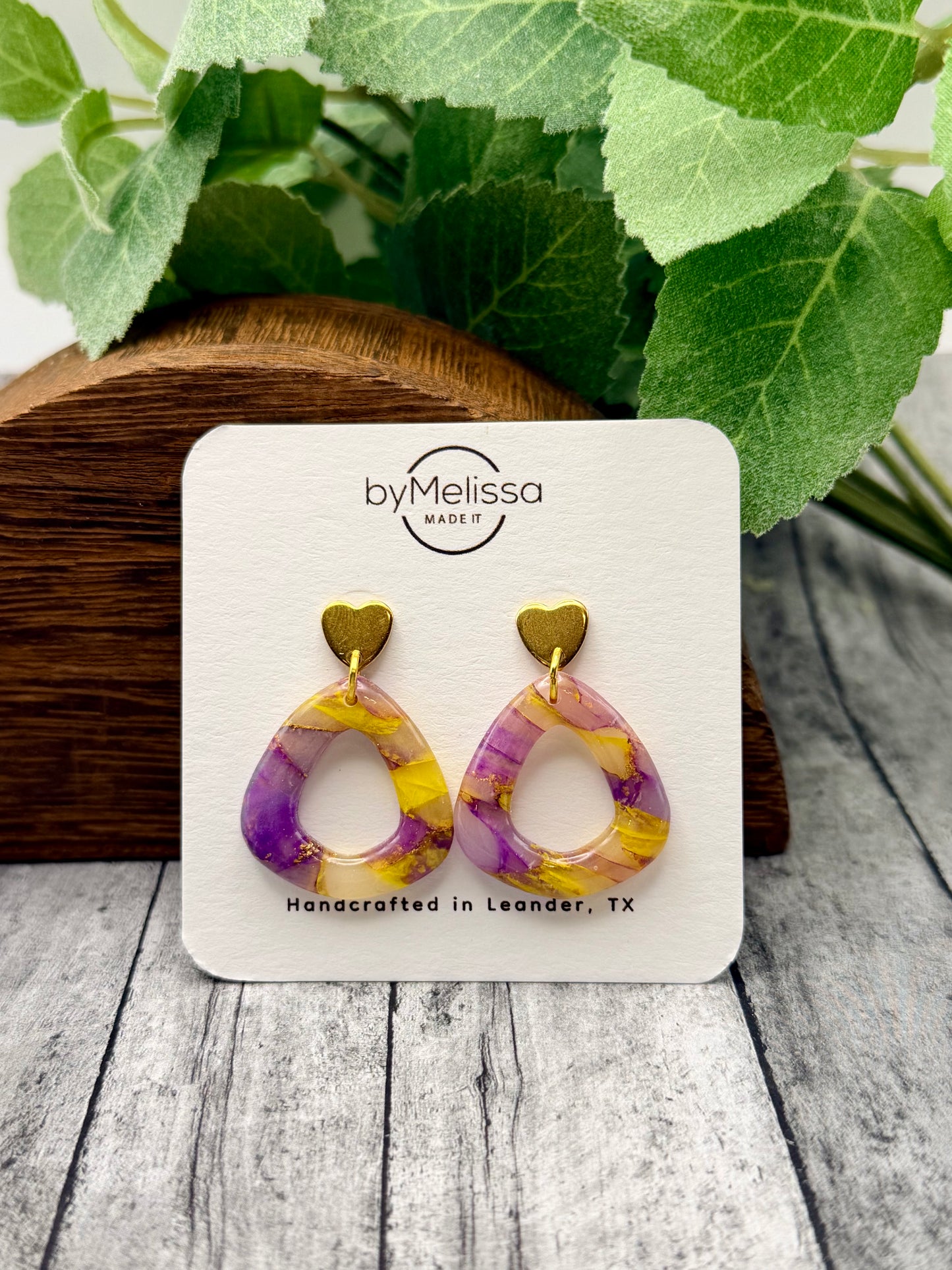Purple and Gold Open Triangle Drop with Gold Heart Studs