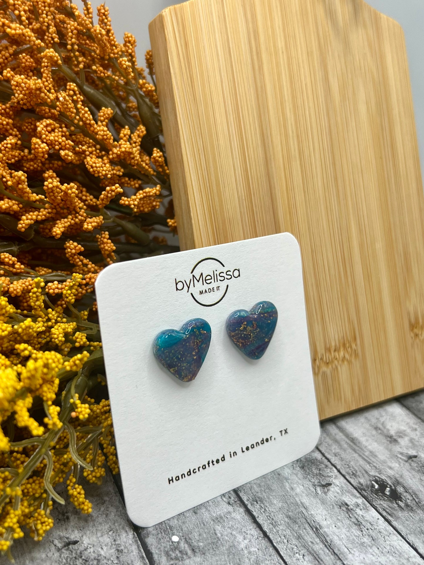 Teal and Plum Heart Stud Earrings
