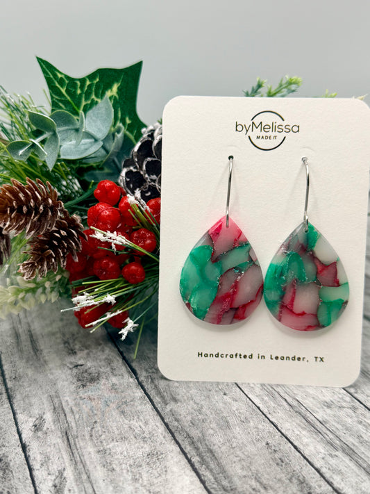 Red and Green Small Wide Teardrop Drop Earrings in Silver