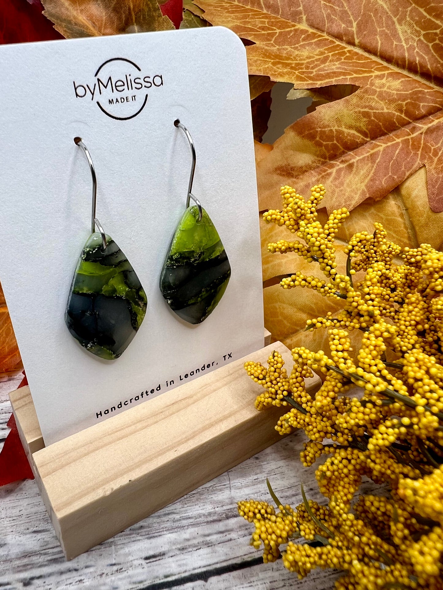 Citrus Green and Black Small Kite Drop Earrings in Silver