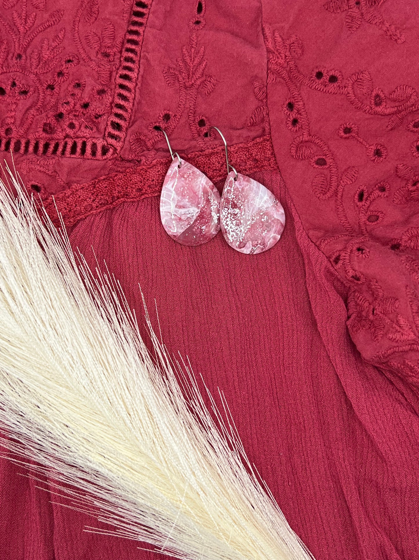 Maroon, Pink, and White Small Wide Teardrop Drop Earrings in Silver