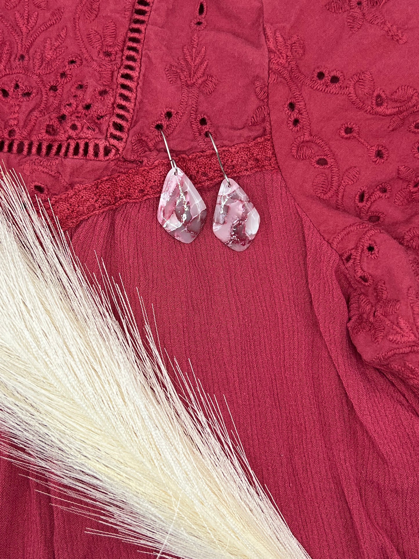 Maroon, Pink, and White Small Kite Drop Earrings in Silver