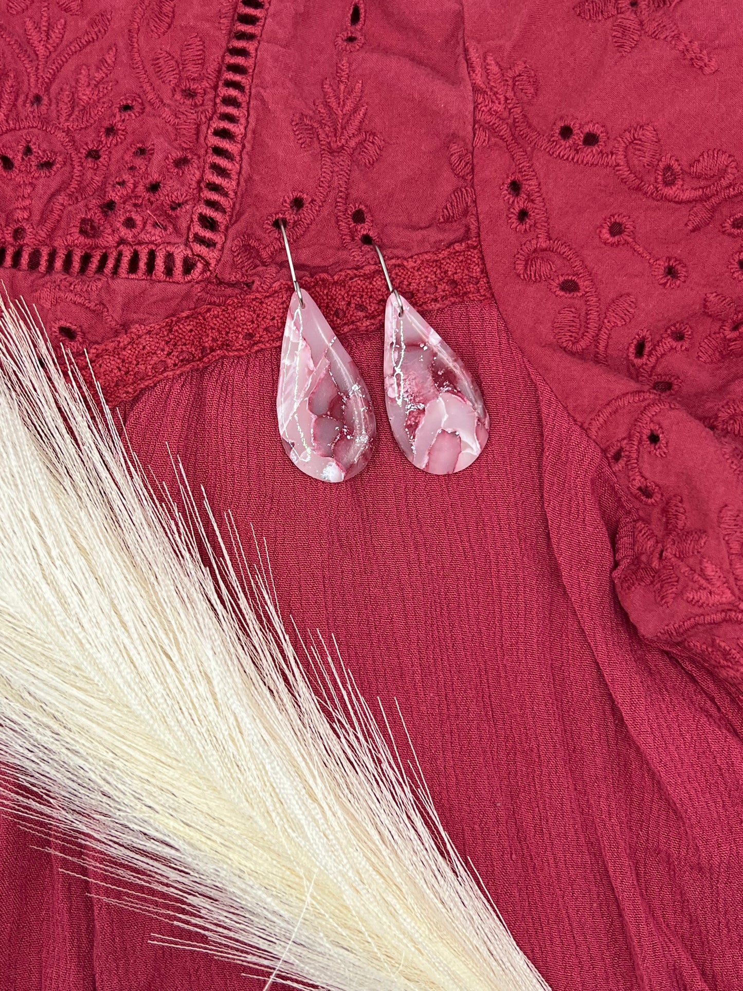 Maroon, Pink, and White Small Teardrop Drop Earrings in Silver