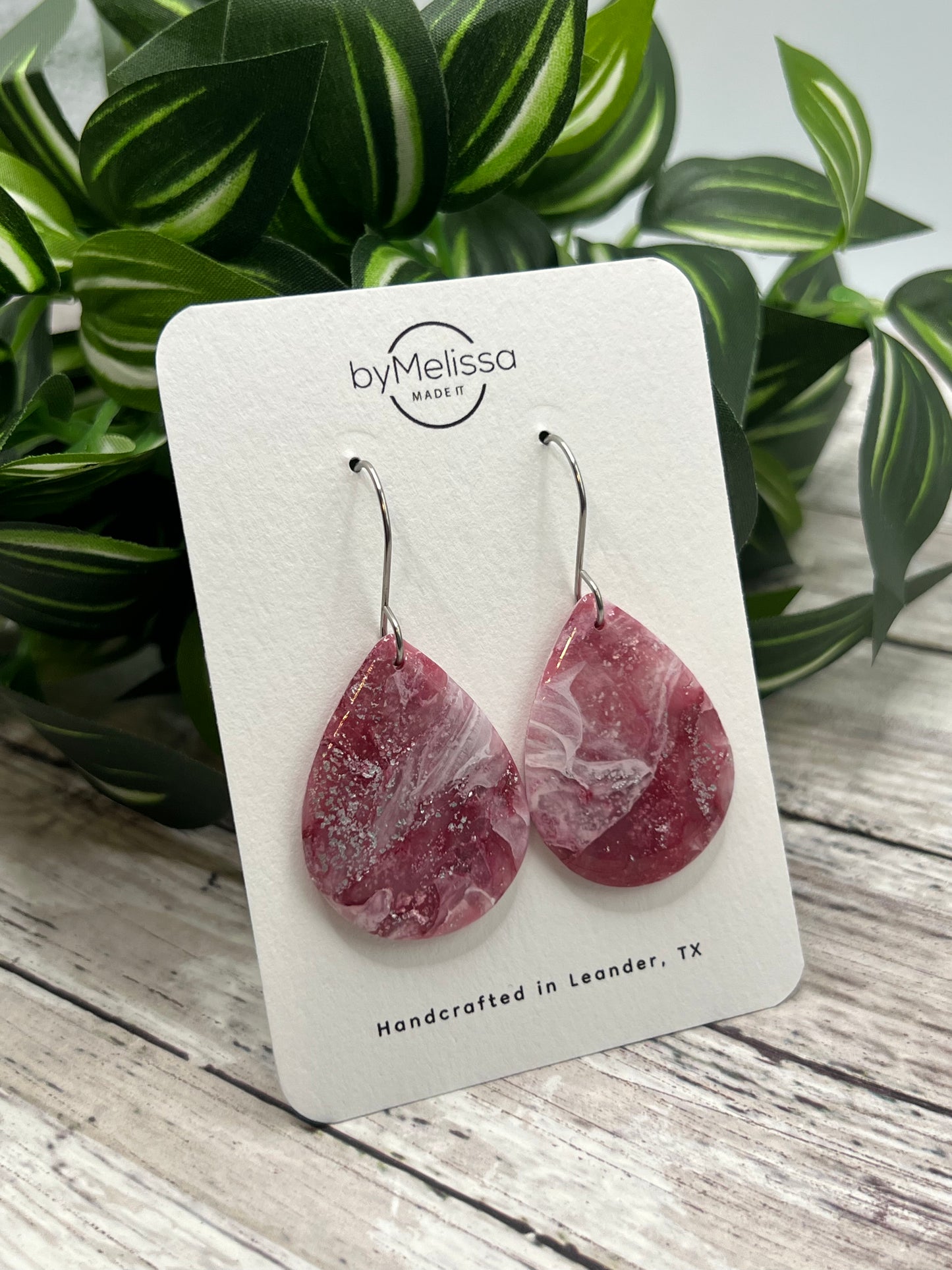 Maroon, Pink, and White Small Wide Teardrop Drop Earrings in Silver