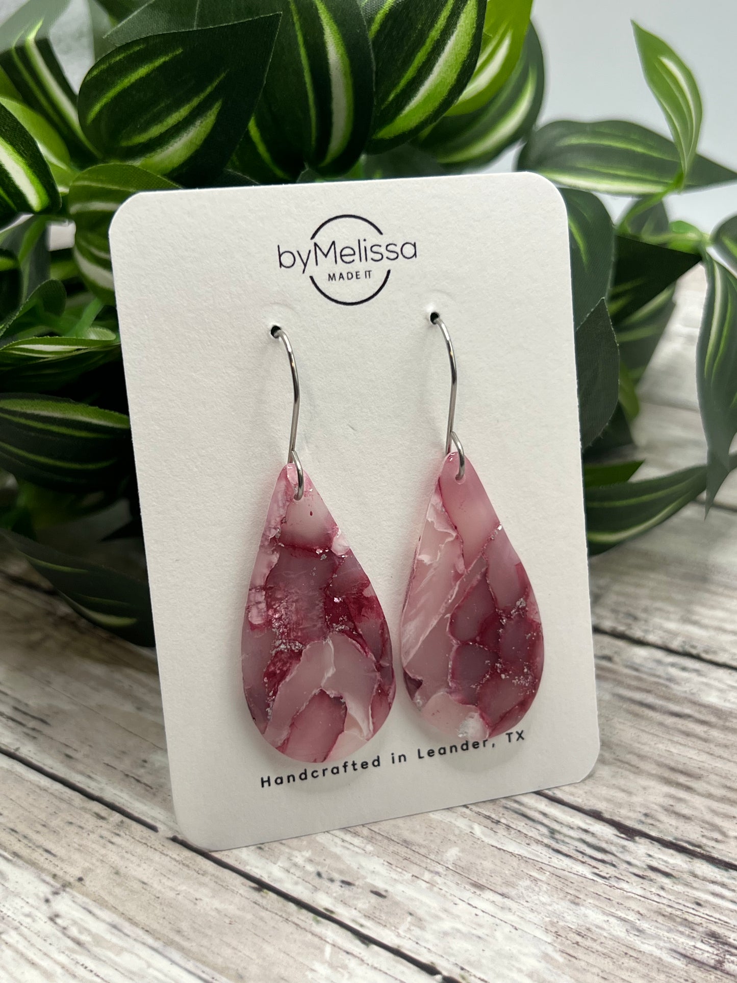 Maroon, Pink, and White Small Teardrop Drop Earrings in Silver