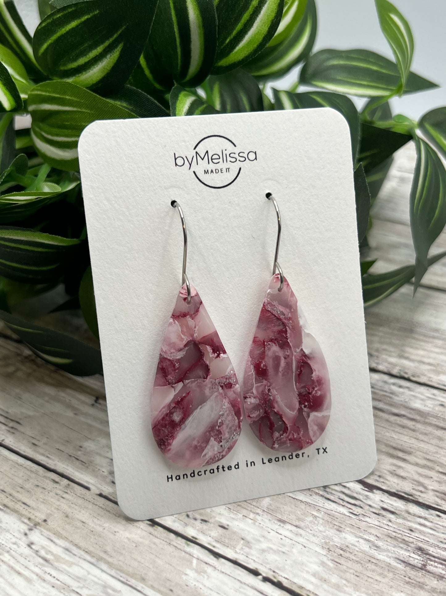 Maroon, Pink, and White Small Teardrop Drop Earrings in Silver