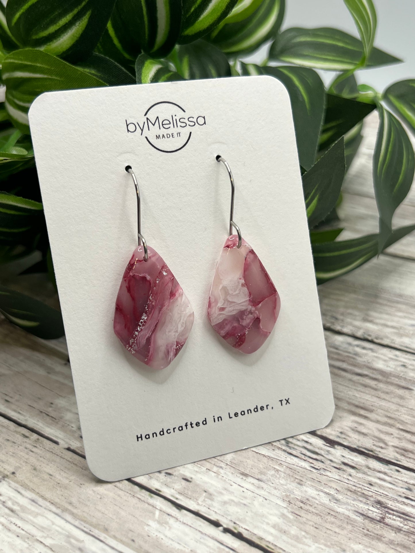 Maroon, Pink, and White Small Kite Drop Earrings in Silver
