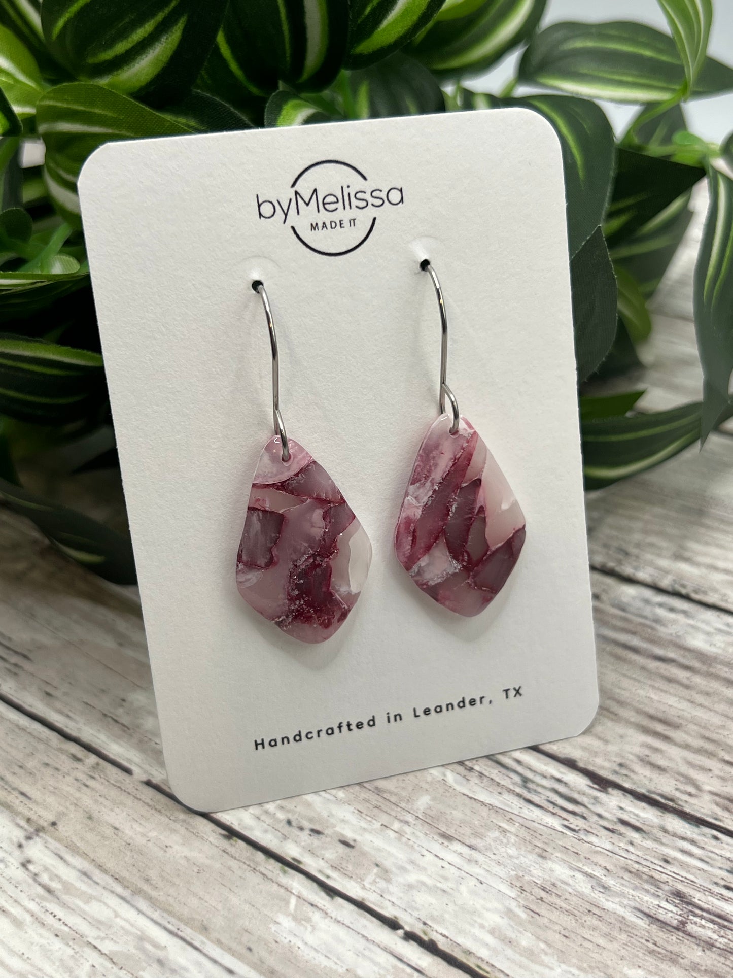 Maroon, Pink, and White Small Kite Drop Earrings in Silver