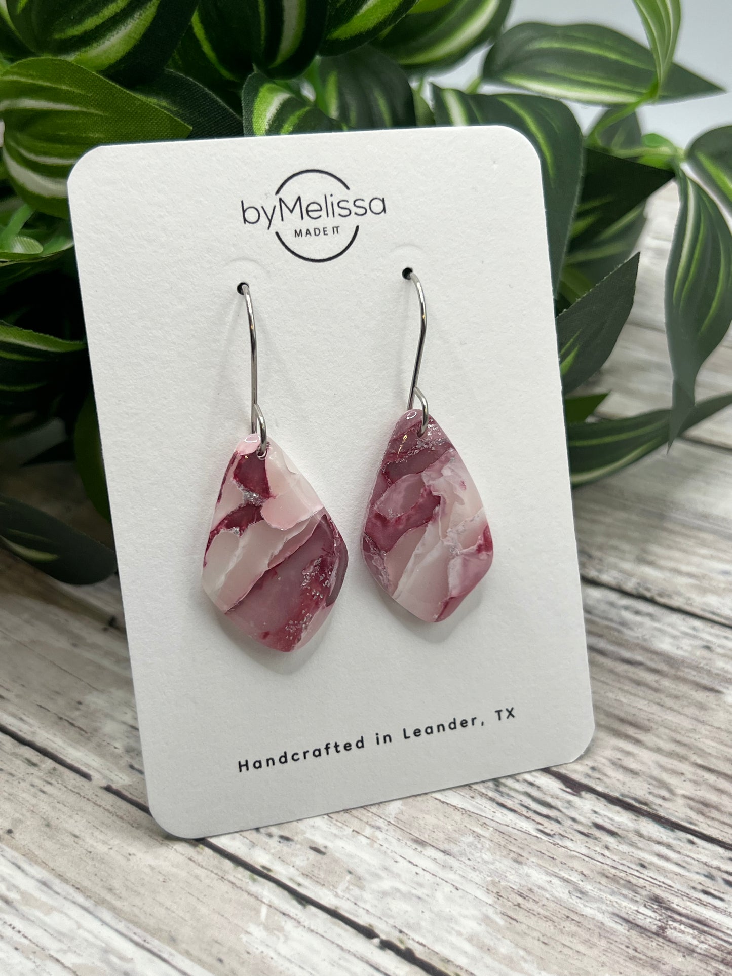 Maroon, Pink, and White Small Kite Drop Earrings in Silver