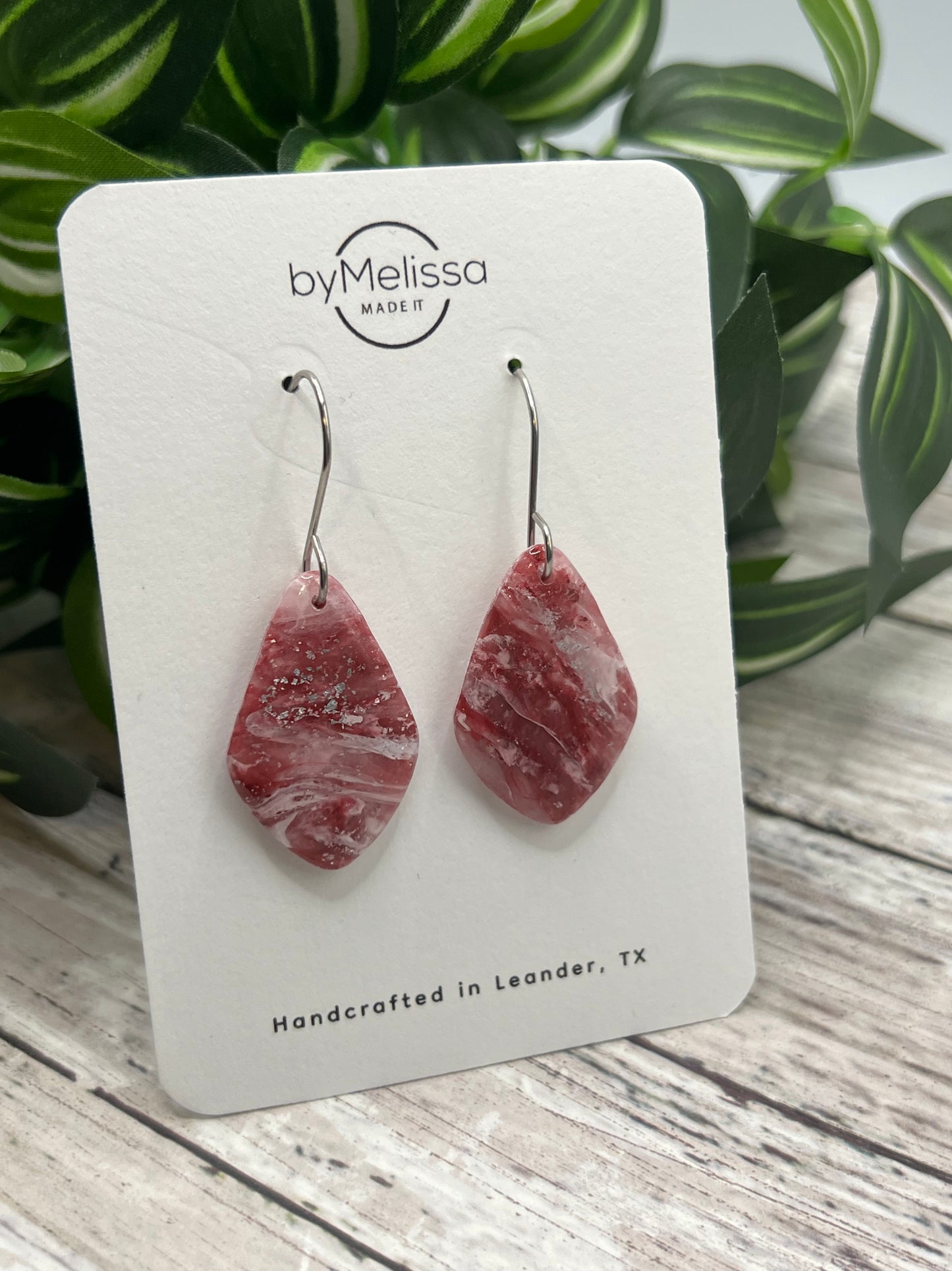 Maroon, Pink, and White Small Kite Drop Earrings in Silver
