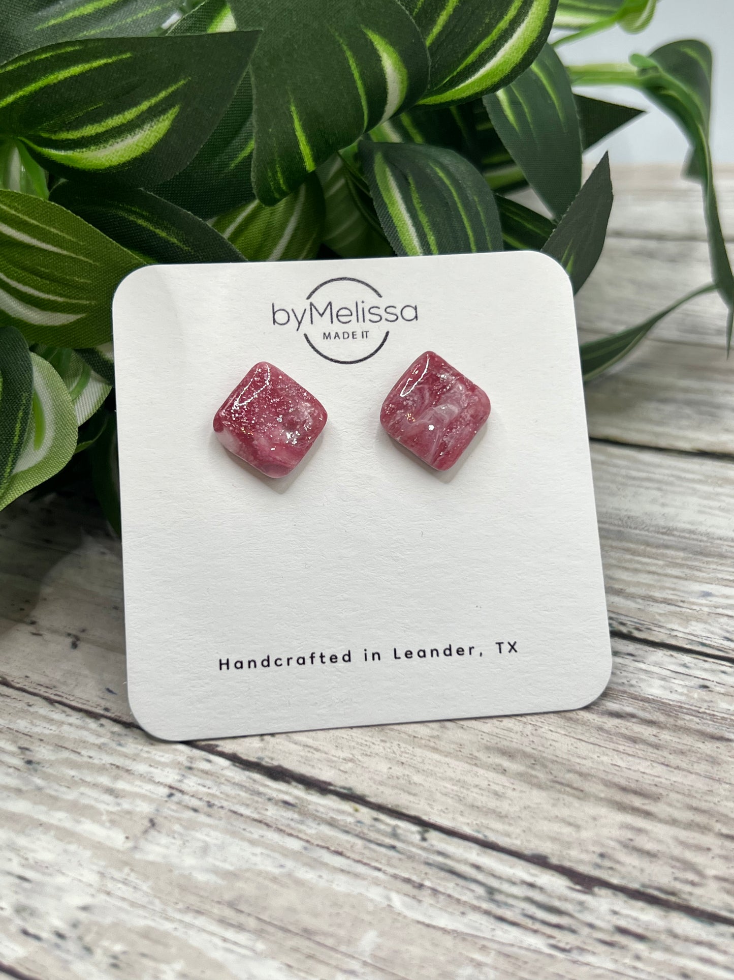 Maroon, Pink, and White Rounded Square Stud Earrings