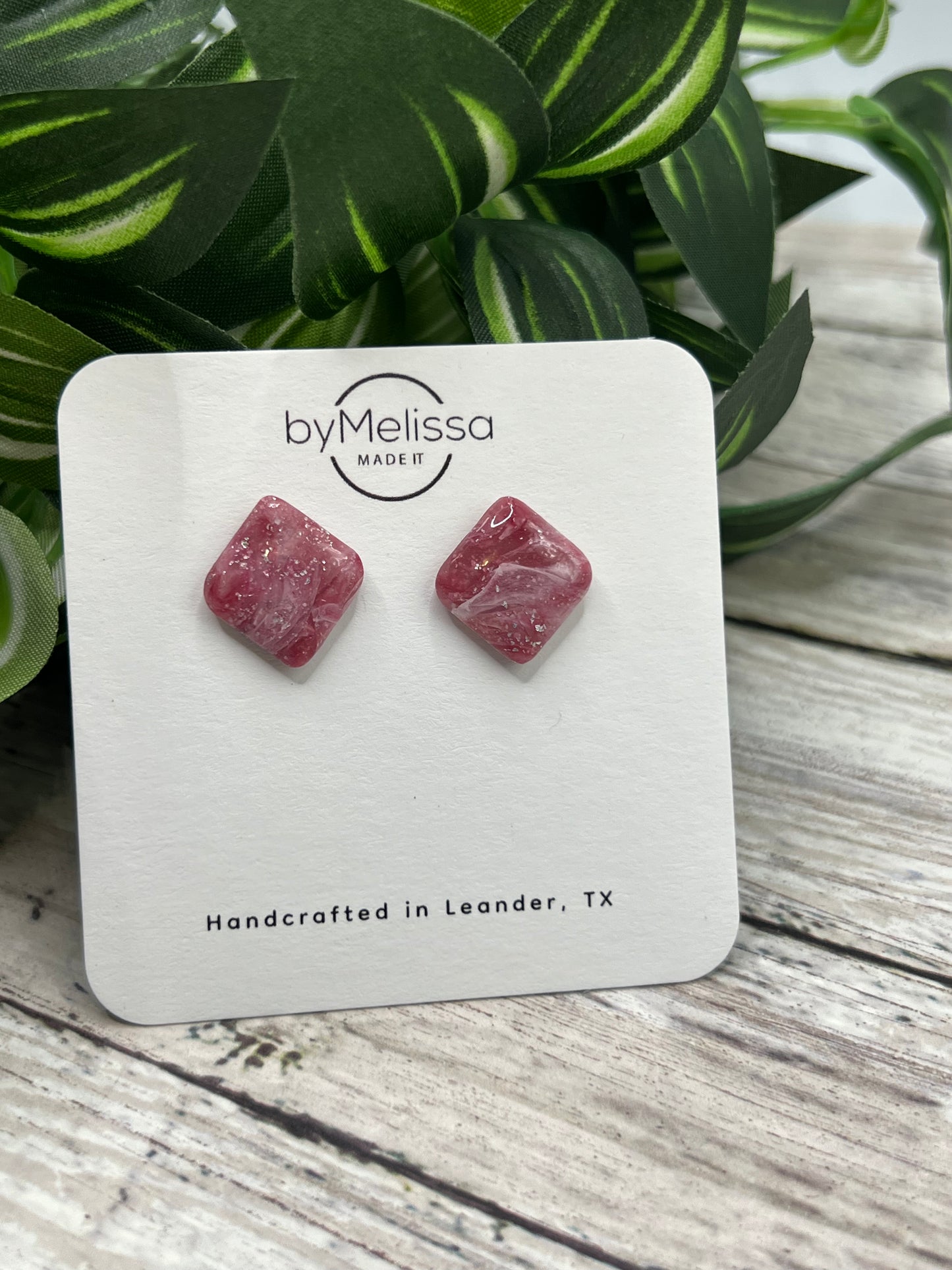 Maroon, Pink, and White Rounded Square Stud Earrings