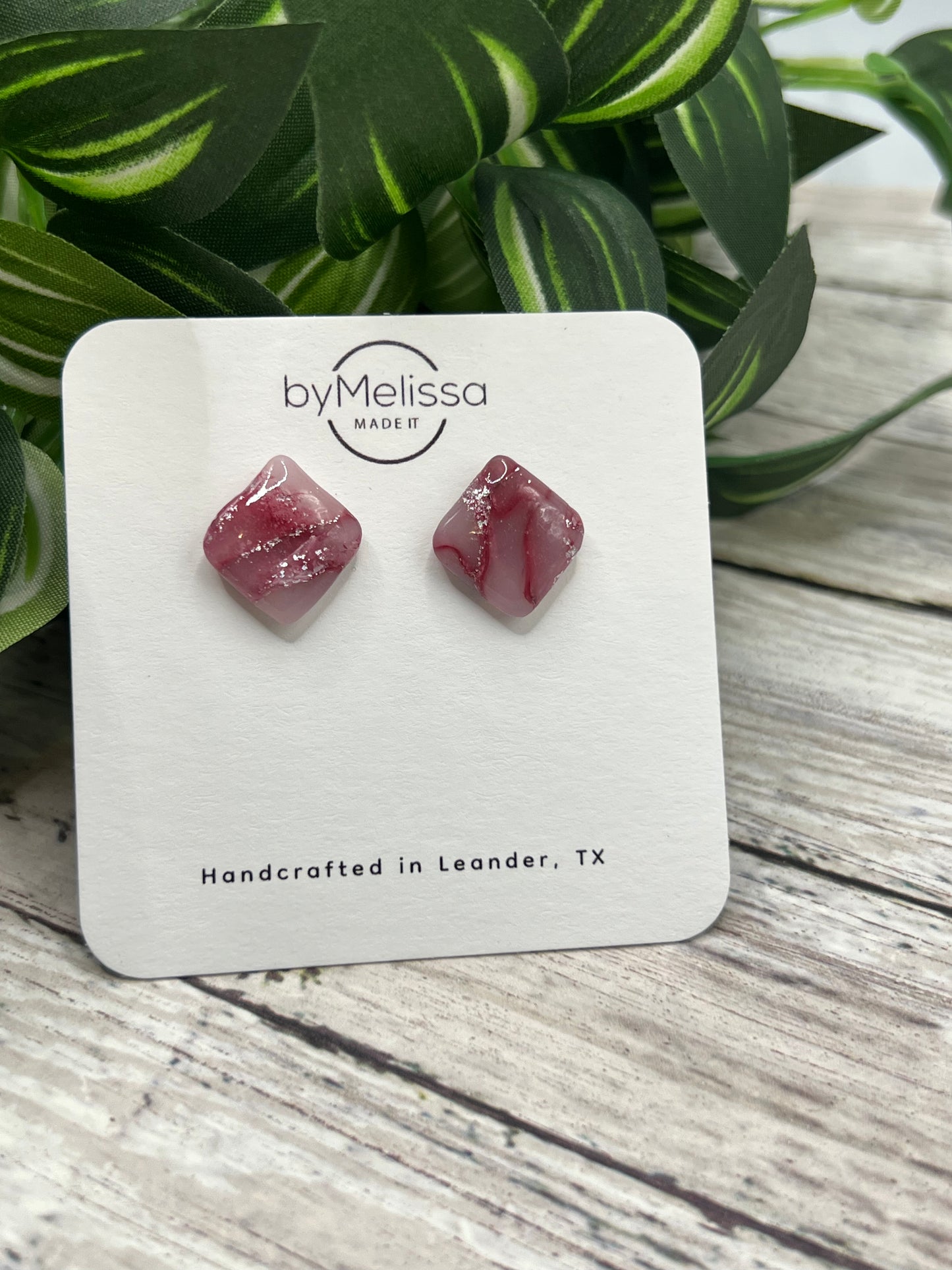 Maroon, Pink, and White Rounded Square Stud Earrings