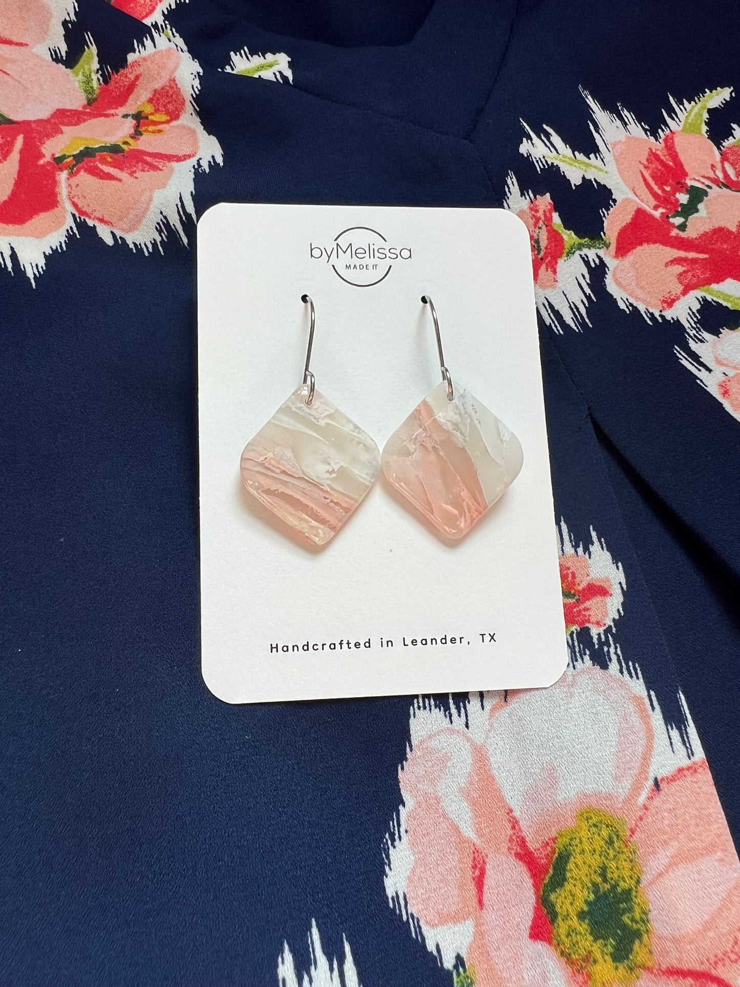 Blush Pink and White Small Rounded Square Drop Earrings in Silver