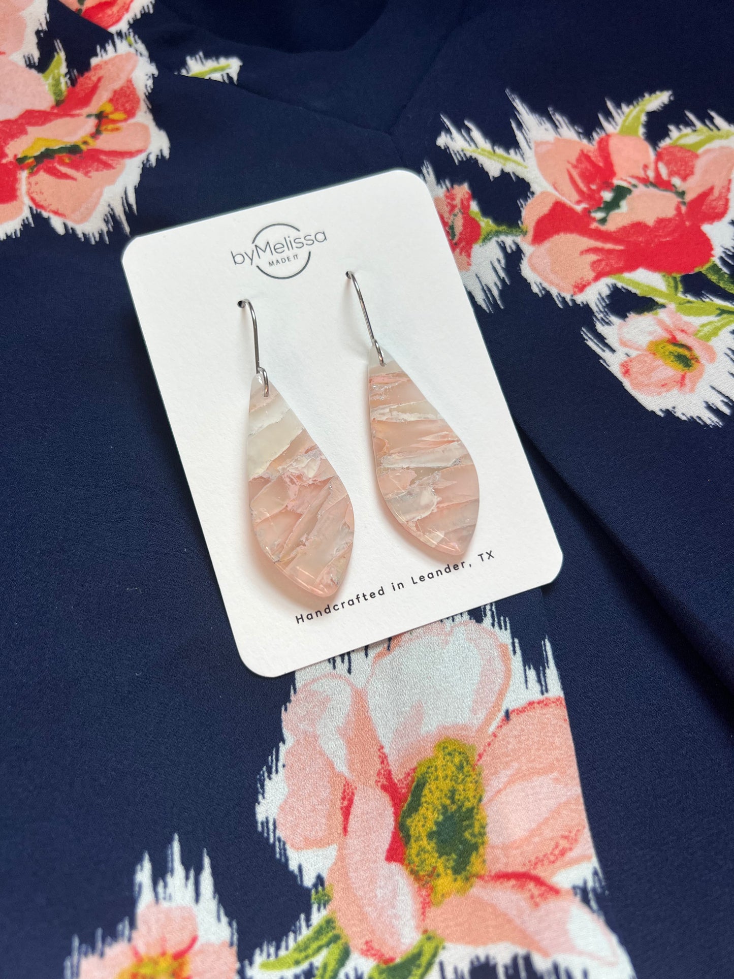 Blush Pink and White Small Elongated Kite Drop Earrings in Silver