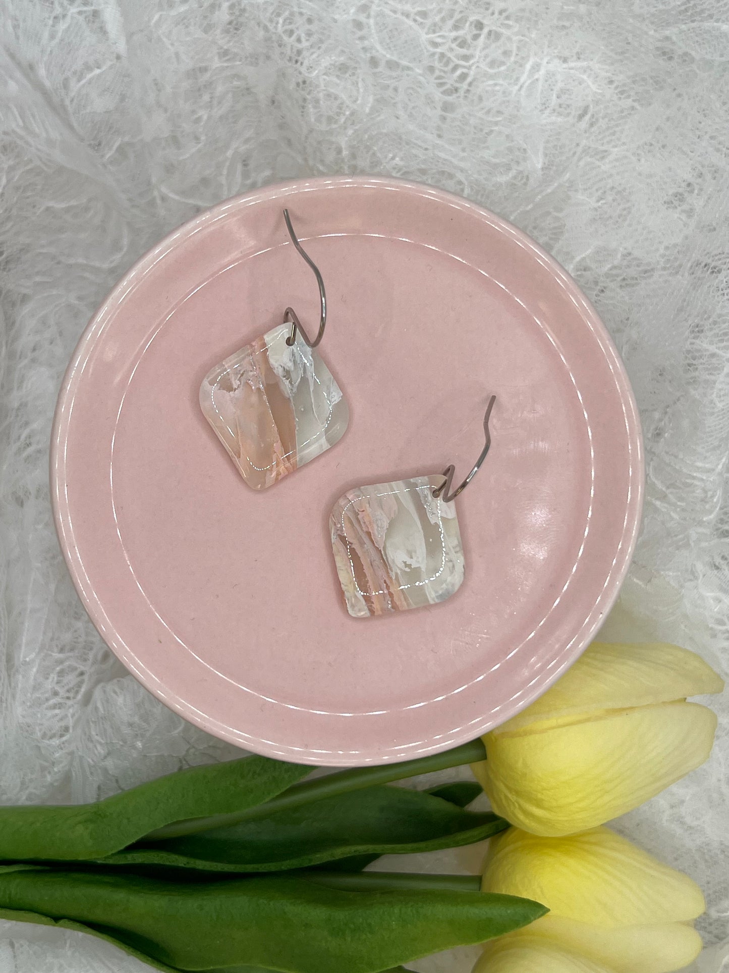 Blush Pink and White Small Rounded Square Drop Earrings in Silver