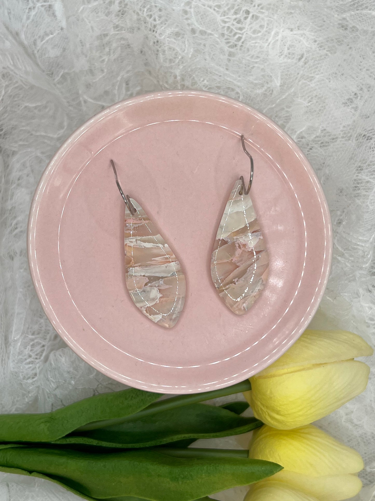 Blush Pink and White Small Elongated Kite Drop Earrings in Silver