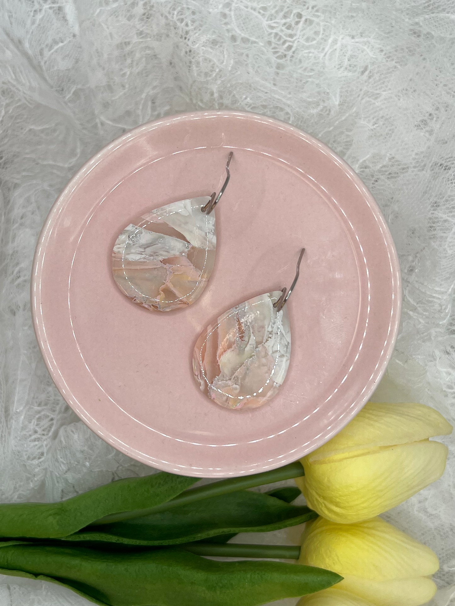 Blush Pink and White Small Wide Teardrop Drop Earrings in Silver